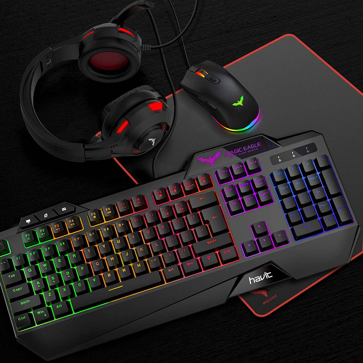 Havit Gaming Keyboard Mouse Headset & Mouse Pad Kit, Rainbow LED Backlit Wired, Over Ear Headphone con micrófono para PC, computadora portátil y más