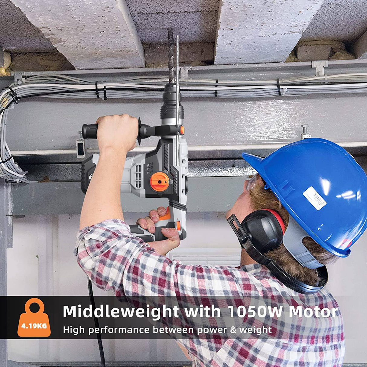 Taladro de martillo giratorio, Towallmark SDS Plus martillo taladro 9 amperios 6J antivibración, peso medio, 4 funciones en 1 perilla martillo giratorio para hormigón, ladrillos, azulejos incluyendo brocas y cinceles - DIGVICE MX