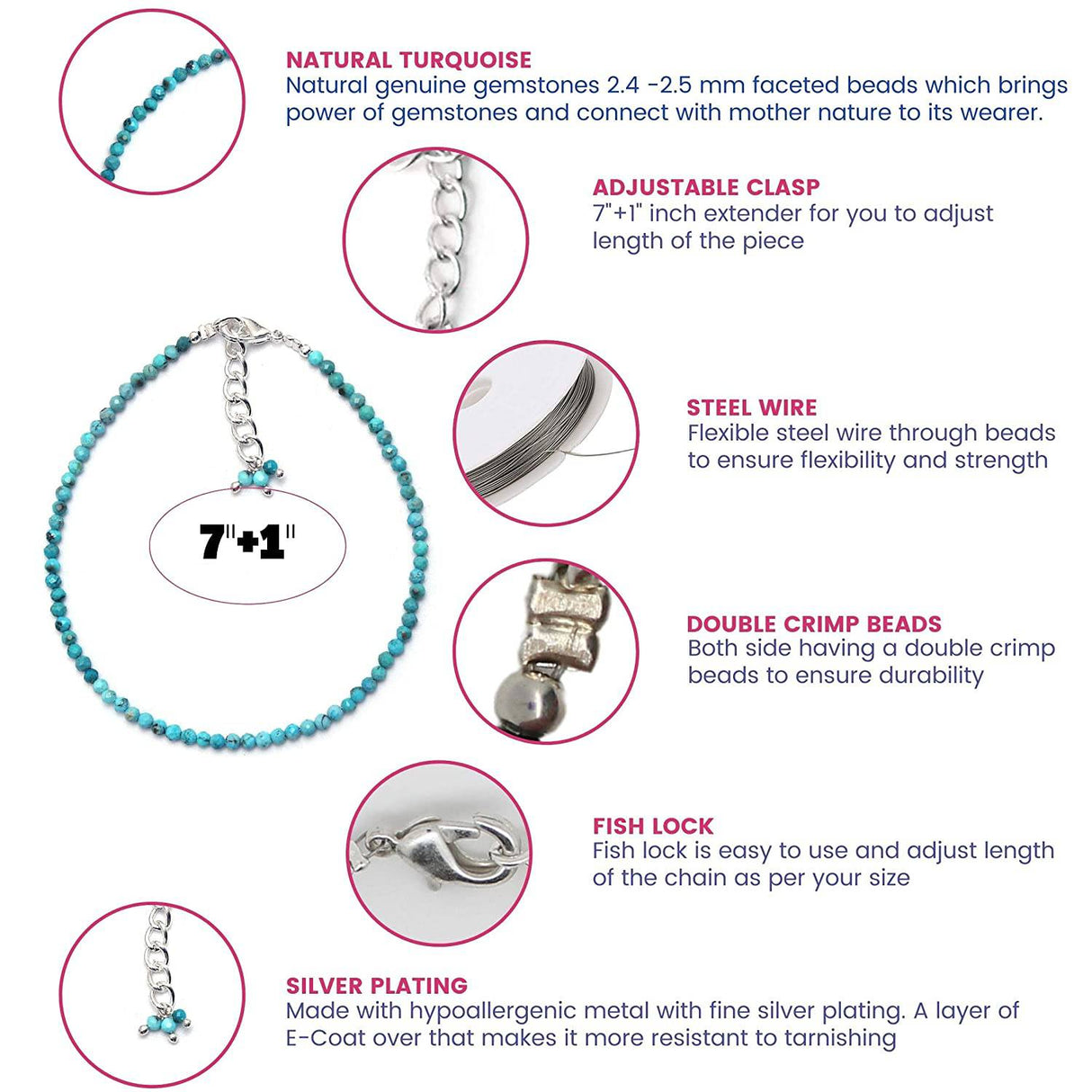 Gempires Pulsera de cuentas de turquesa natural, joyería hecha a mano, cuentas microfacetadas de 2,4-2,5 mm, cadena ajustable chapada en plata de 7 + 1 pulgada (turquesa) - DIGVICE MX