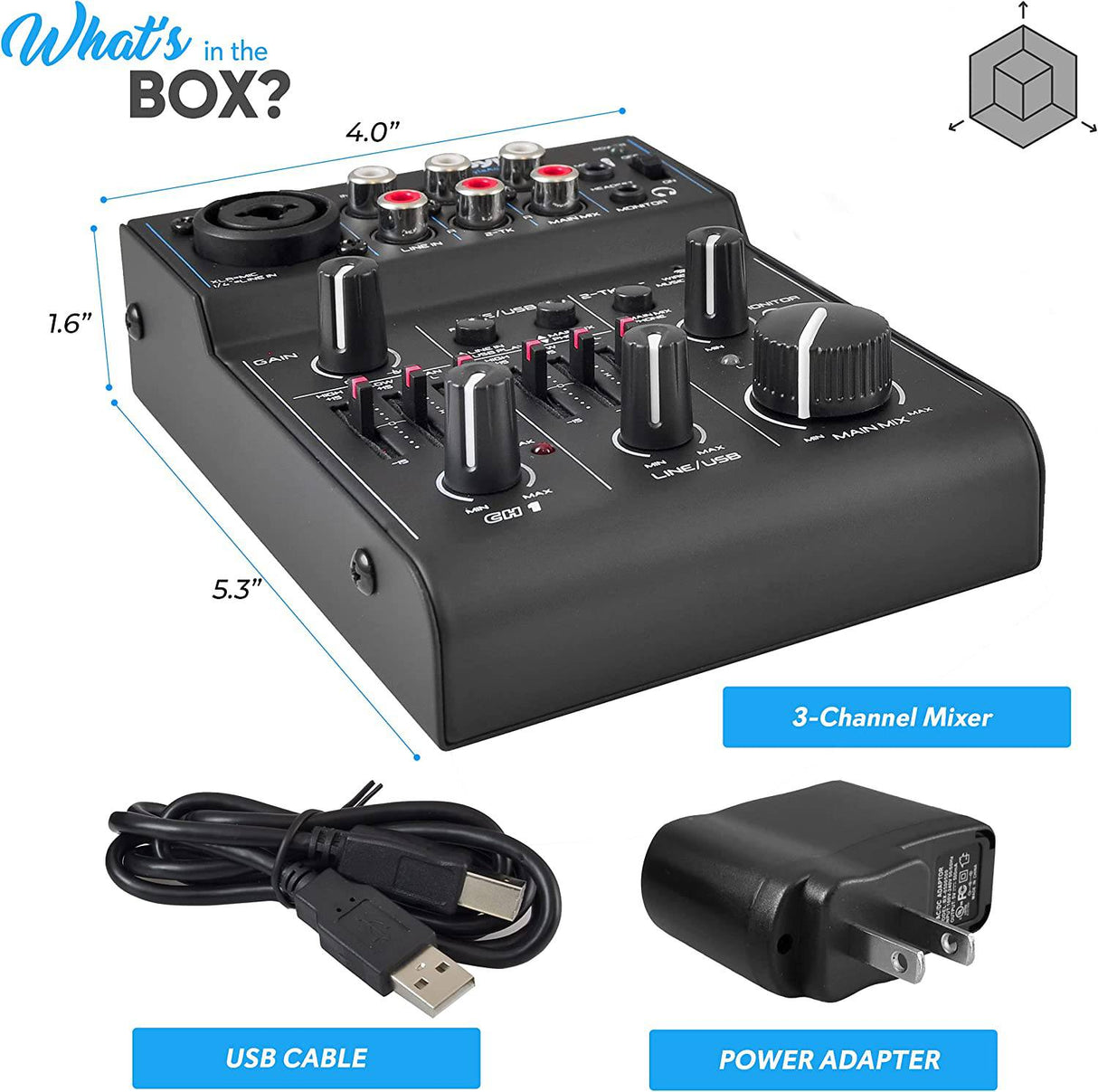 PYLE Mezclador de audio Bluetooth de 3 canales - Interfaz de controlador de sonido DJ, USB para grabación en PC, XLR, conector de micrófono de 3,5 mm, alimentación de 18 V, entrada/salida RCA para profesionales y principiantes - PAD30MXUBT