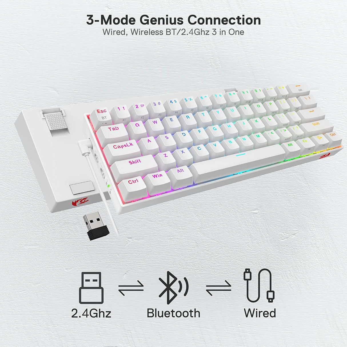 Redragon K530 Pro Draconic - Teclado mecánico 60 % inalámbrico RGB, Bluetooth/2,4 GHz/con cable, 3 modos, 61 teclas