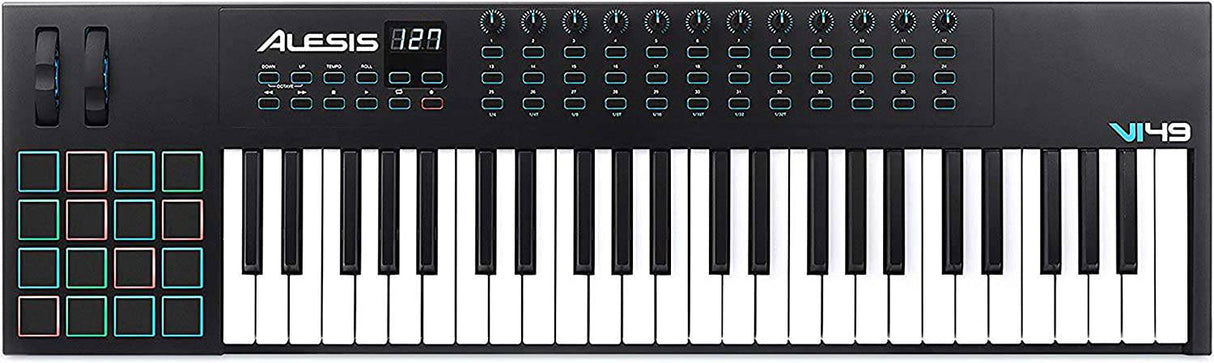 Alesis VI49 - Controlador de teclado MIDI USB de 49 teclas con 16 pads de batería, 12 perillas asignables, 36 botones y salida MIDI de 5 pines, software de producción incluido