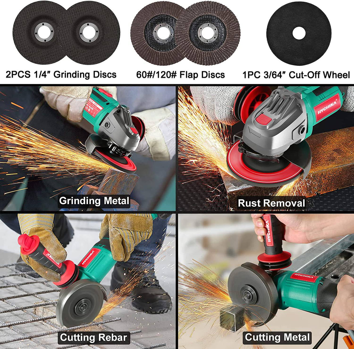 Amoladora angular de 20 V HYCHIKA, amoladora inalámbrica con batería de 4,0 Ah y cargador rápido, 8500 RPM, 5 discos de 4-1/2 pulgadas, mango auxiliar de 3 posiciones para cortar y amolar - DIGVICE MX