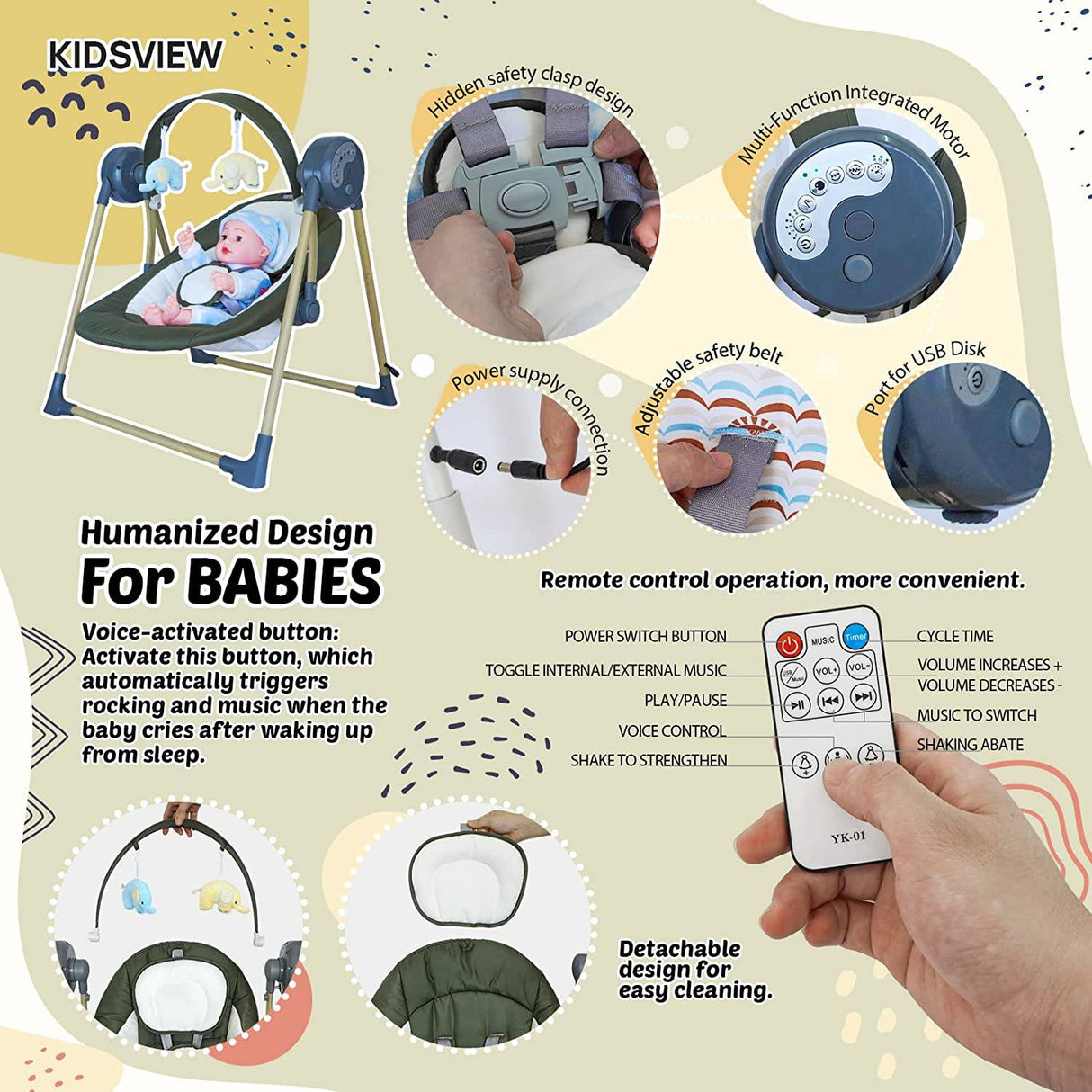 KIDSVIEW - Columpio para bebés con Bluetooth para bebés, portátil relajante con 6 movimientos y 12 melodías, para bebés de 6 a 25 lb, de 0 a 12 meses, se pliega para viajar fácilmente - DIGVICE MX