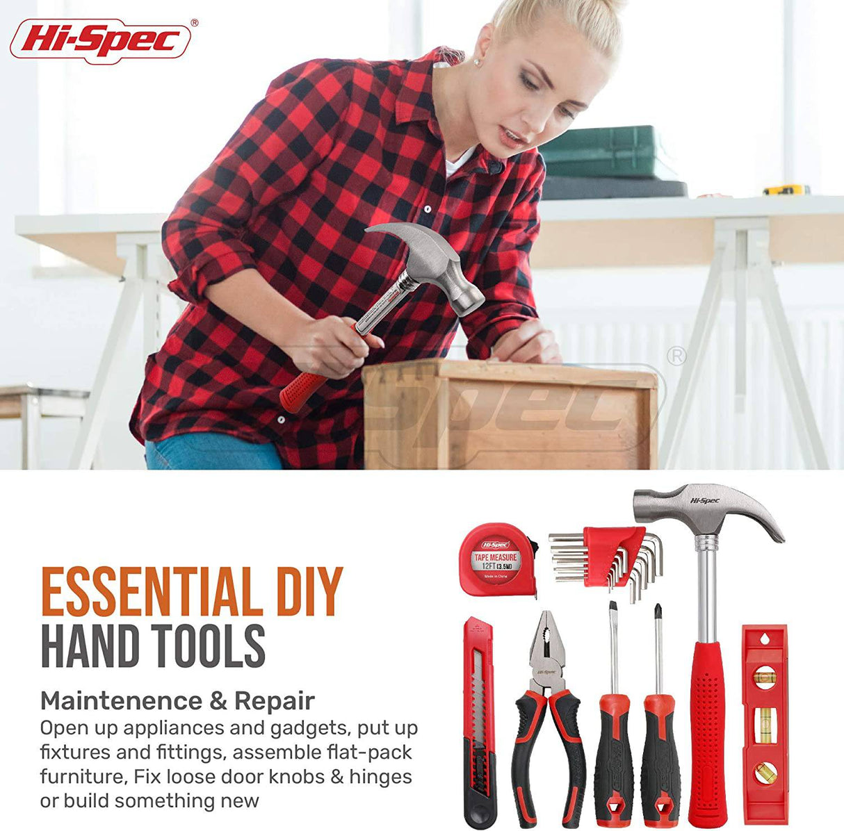 Kit Hi-Spec de 58 piezas con destornillador eléctrico de 8 V Power Drill y kit de herramientas de trabajo manual, color rojo Ligero, inalámbrico y recargable Juego completo en caja de herramientas de mano - DIGVICE MX