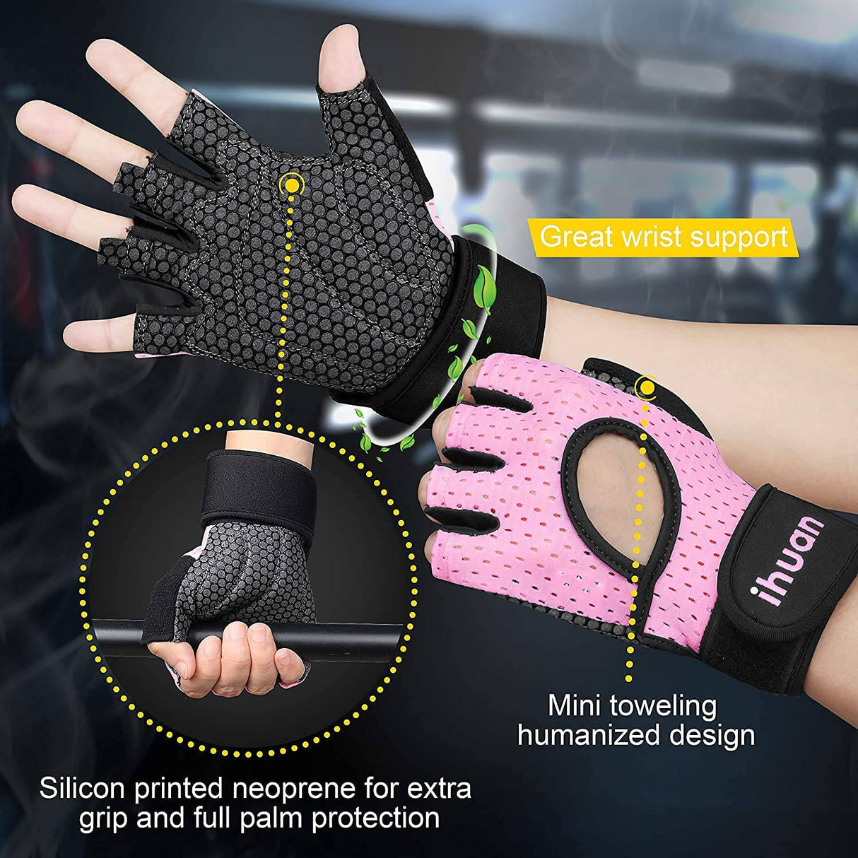 ihuan - Guantes de levantamiento de pesas transpirables: guantes de gimnasio de entrenamiento sin dedos con soporte para muñeca | Mejora la protección de la palma | Agarre adicional