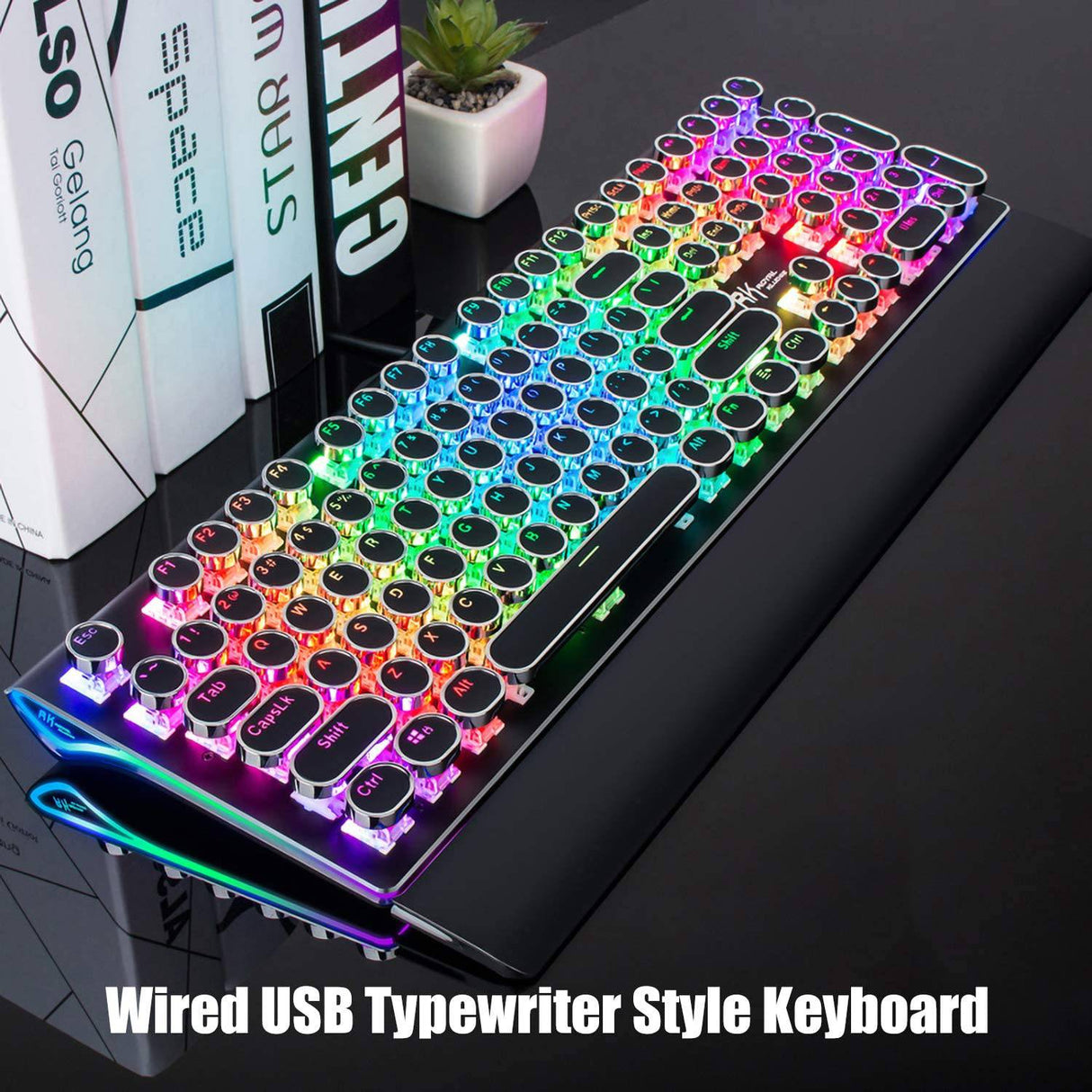 RK ROYAL KLUDGE Teclado mecánico para juegos estilo máquina de escribir con verdadero RGB retroiluminado Reposamuñecas plegable Interruptor azul de 108 teclas Tecla redonda retro - Negro