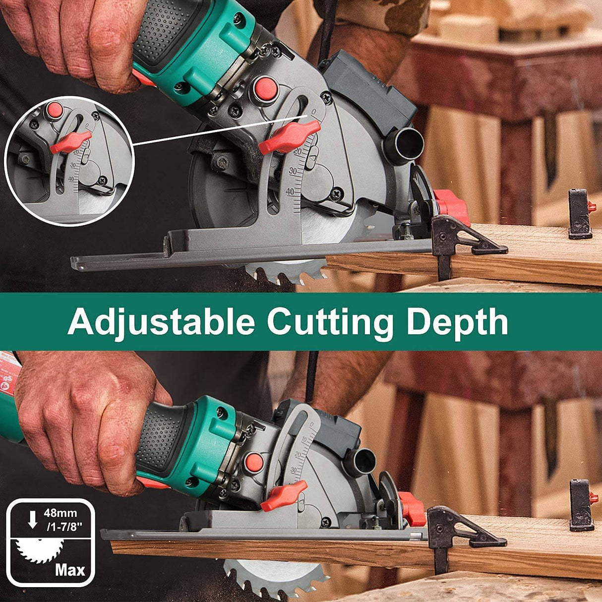 Sierra circular, minisierra circular eléctrica HYCHIKA 6.2A, guía láser, 6 hojas (4-1/2"), profundidad máxima de corte 1-11/16'' (90°), mango de goma, cable de 10 pies, ideal para madera Cortes de plástico de azulejos de metal blando - DIGVICE MX