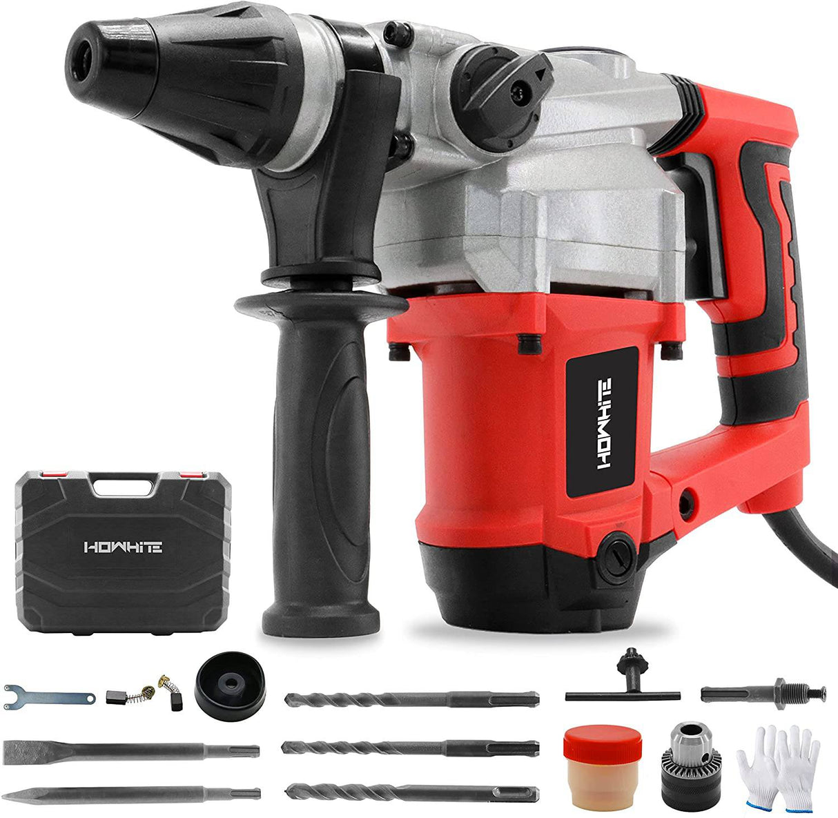 Howhite Taladro de martillo giratorio SDS-Plus de 1-1/4 pulgadas de alta resistencia, 3 funciones con control de vibración incluyendo grasa, cinceles y brocas con funda, guantes y estuche de transporte - DIGVICE MX