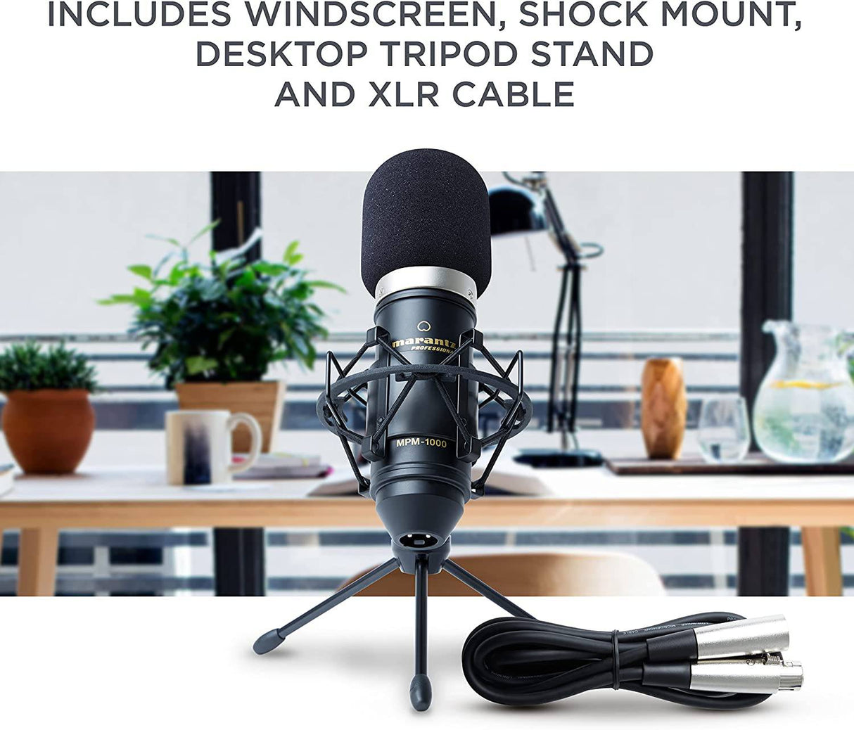 Marantz Professional MPM-1000 - Micrófono de condensador XLR para grabación de estudio con soporte de escritorio y cable - Para proyectos de podcast y transmisión