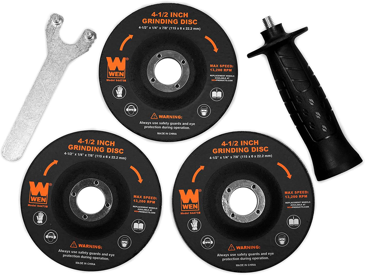 WEN 94475 Amoladora angular de 7,5 amperios y 4-1/2 pulgadas con mango reversible, tres discos abrasivos y estuche de transporte - DIGVICE MX