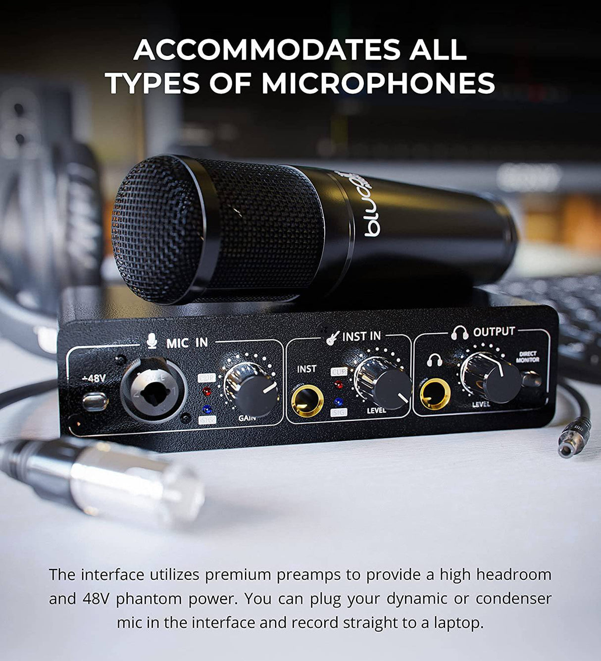 Blucoil - Interfaz de audio USB portátil con alimentación fantasma de 48 V, alimentación de bus USB, monitoreo directo de baja latencia para grabación de estudio en casa, transmisión, juegos y podcasting en Windows y Mac