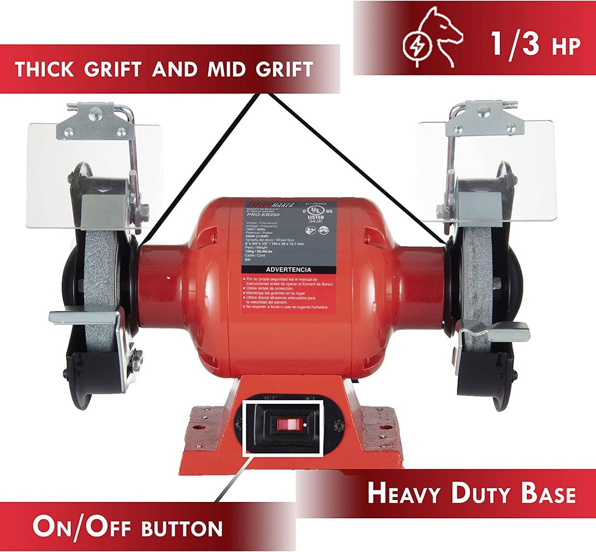 Amoladora de banco de 6 pulgadas PROMAKER 3400 RPM, 2.1AMP, 1/3 HP, amoladoras de banco eléctricas con dos protectores para los ojos y dos ruedas (grano grueso y grano medio). Amoladora de banco con soporte 2.1AMP PRO-EB250 - DIGVICE MX
