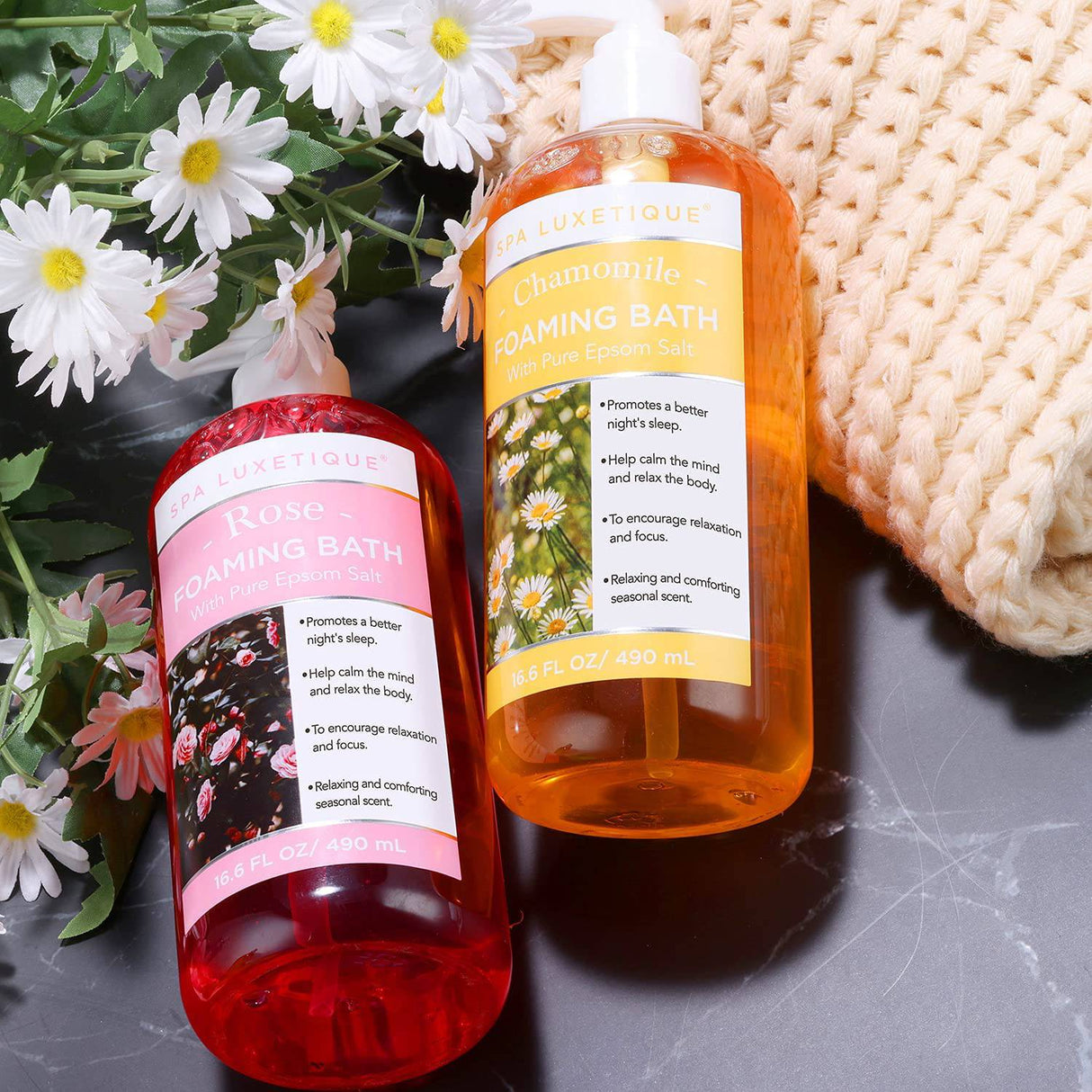 Spa Luxetique - Baño de burbujas con sal pura de Epsom, juegos de baño con aroma a rosa y manzanilla, regalo para el día de la madre, regalos de spa hidratantes y relajantes para mujeres, 33.2 oz (paquete de 2)