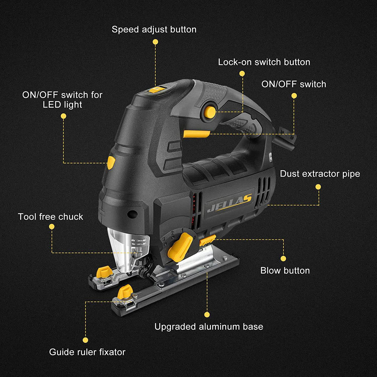 Jellas Sierra Caladora eléctrica de 6,7 amperios con luz LED, 10 hojas, sierra caladora de 800-3000 SPM, 6 velocidades variables, corte biselado de 0°-45°, 4 juegos orbitales, cable de CA de 3M - DIGVICE MX
