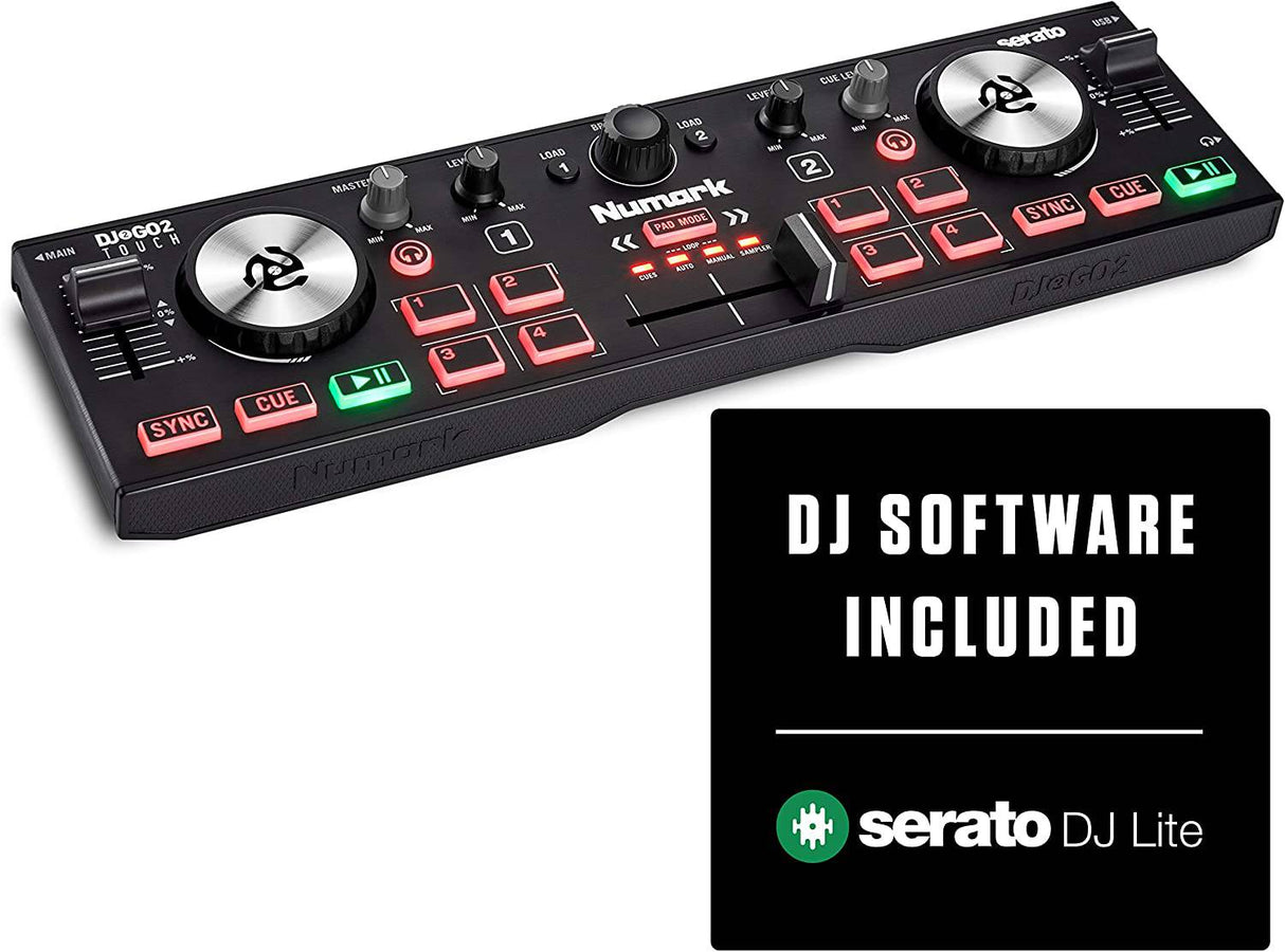 Numark DJ2GO2 Touch - Controlador de DJ USB compacto de 2 decks para Serato DJ con mezclador/crossfader, interfaz de audio y jog wheels táctiles capacitivos