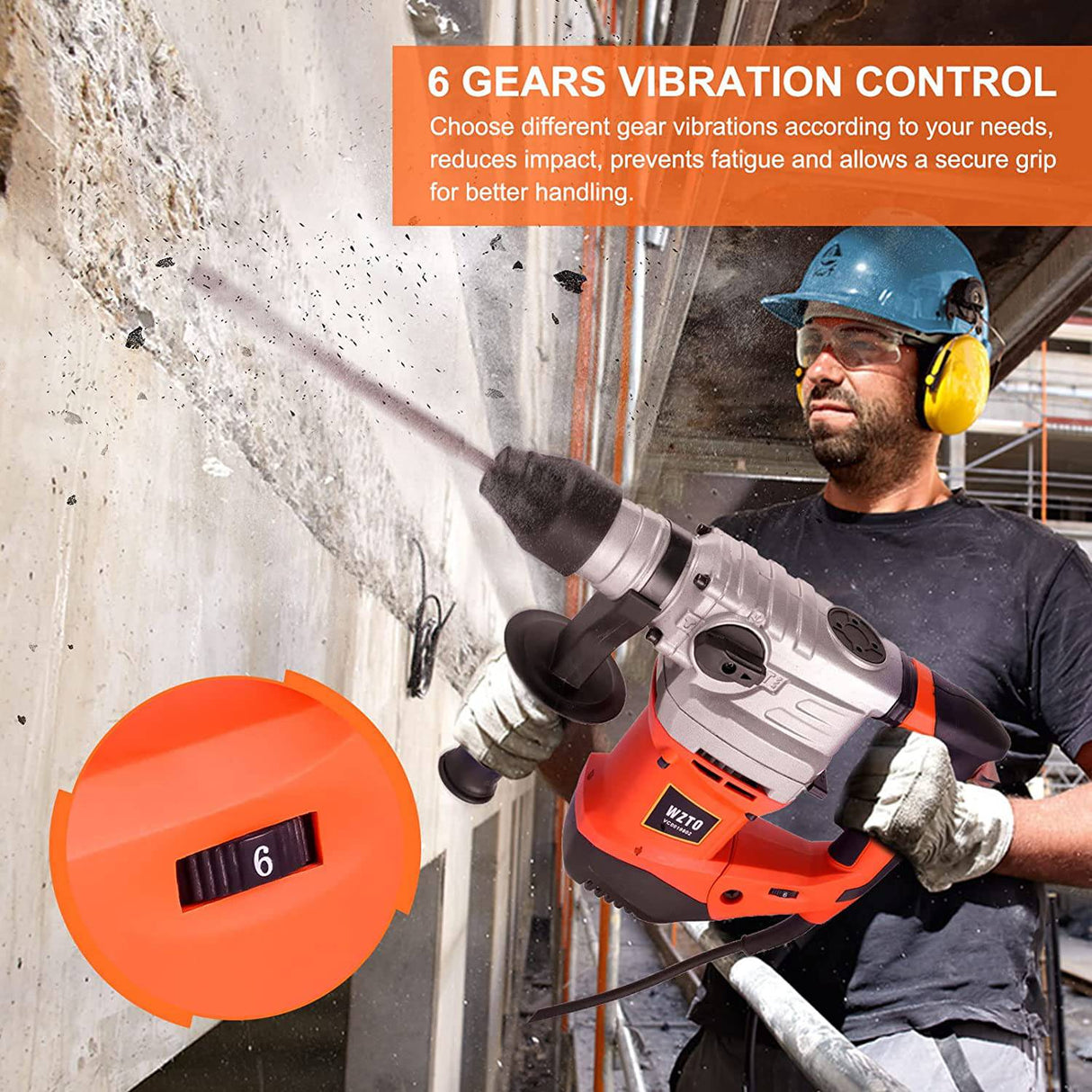 Taladro percutor giratorio de 1-1/4 pulgadas: WZTO SDS-Plus Taladro percutor de servicio pesado, embrague de seguridad 3 funciones con control de vibración, incluidos guantes, 3 brocas, cincel plano y puntiagudo y brocas con estuche - DIGVICE MX