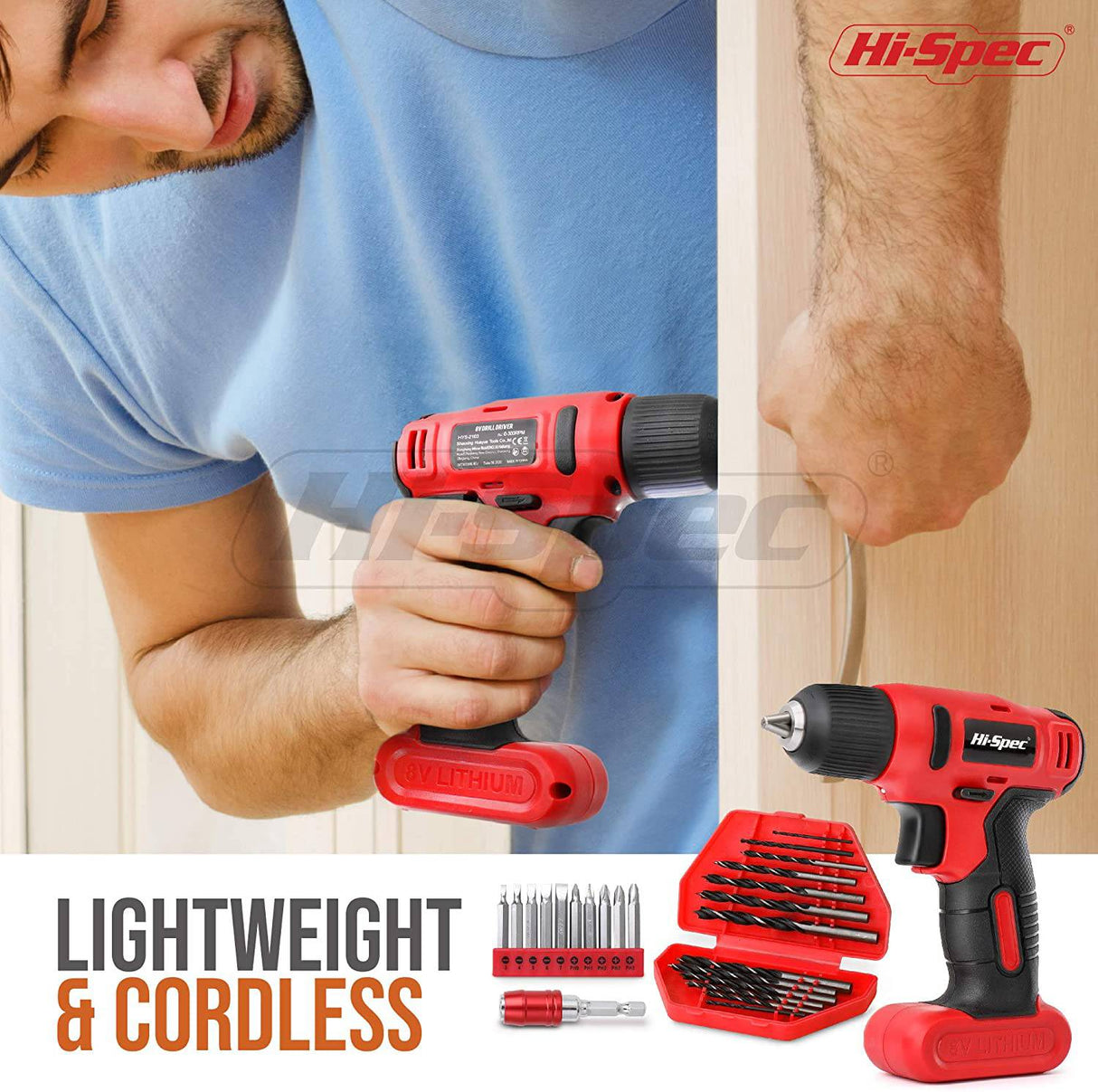 Kit Hi-Spec de 58 piezas con destornillador eléctrico de 8 V Power Drill y kit de herramientas de trabajo manual, color rojo Ligero, inalámbrico y recargable Juego completo en caja de herramientas de mano - DIGVICE MX