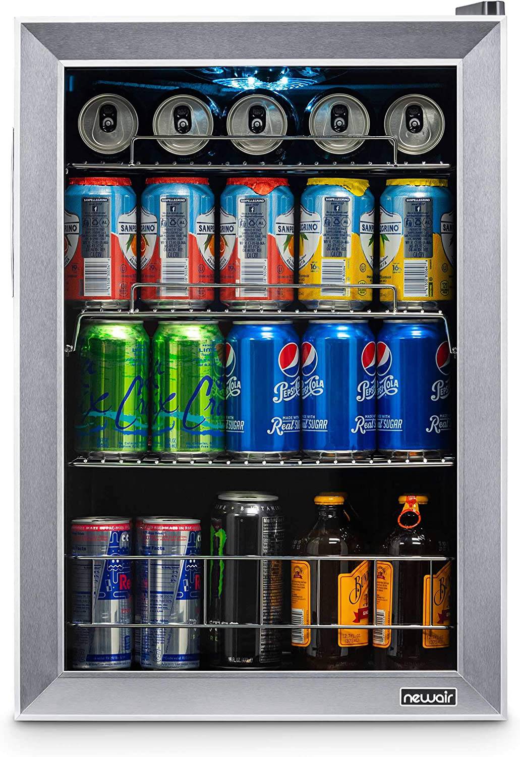 NewAir Refrigerador de bebidas con capacidad para 90 latas - Minibar Refrigerador de cerveza con puerta de vidrio con bisagra derecha - Enfría hasta 34F - AB-850 - Acero inoxidable - DIGVICE MX