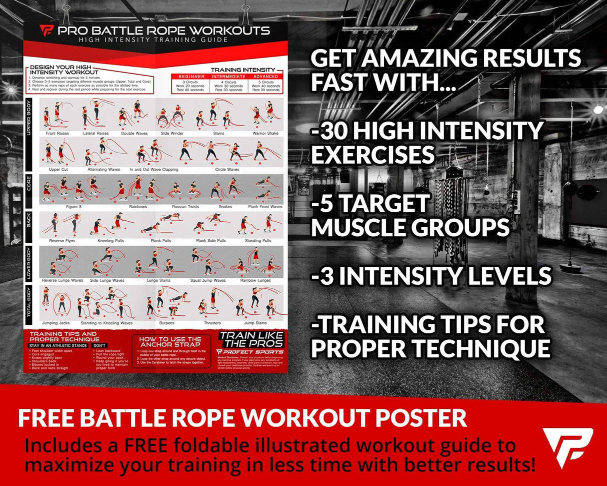 Profect Sports - Pro Battle Ropes con kit de correa de anclaje y póster de ejercicio - Funda protectora duradera mejorada - Cuerda de batalla pesada 100% Poly Dacron para entrenamiento de fuerza, cardio, crossfit, cuerda de ejercicio