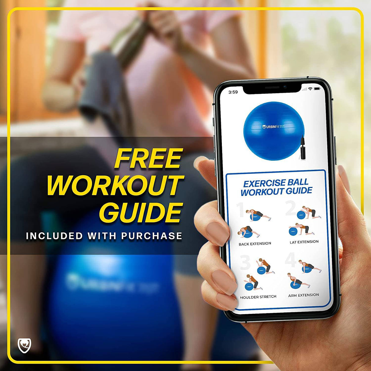 URBNFit - Pelota de ejercicio - Pelota de yoga para entrenamiento, estabilidad en el embarazo - Pelota de equilibrio suiza AntiBurst con bomba - Silla de pelota de fitness para oficina, gimnasio en casa