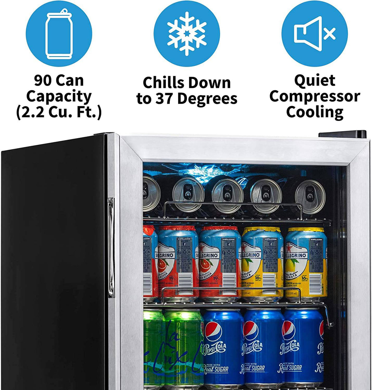 NewAir Refrigerador de bebidas con capacidad para 90 latas - Minibar Refrigerador de cerveza con puerta de vidrio con bisagra derecha - Enfría hasta 34F - AB-850 - Acero inoxidable - DIGVICE MX
