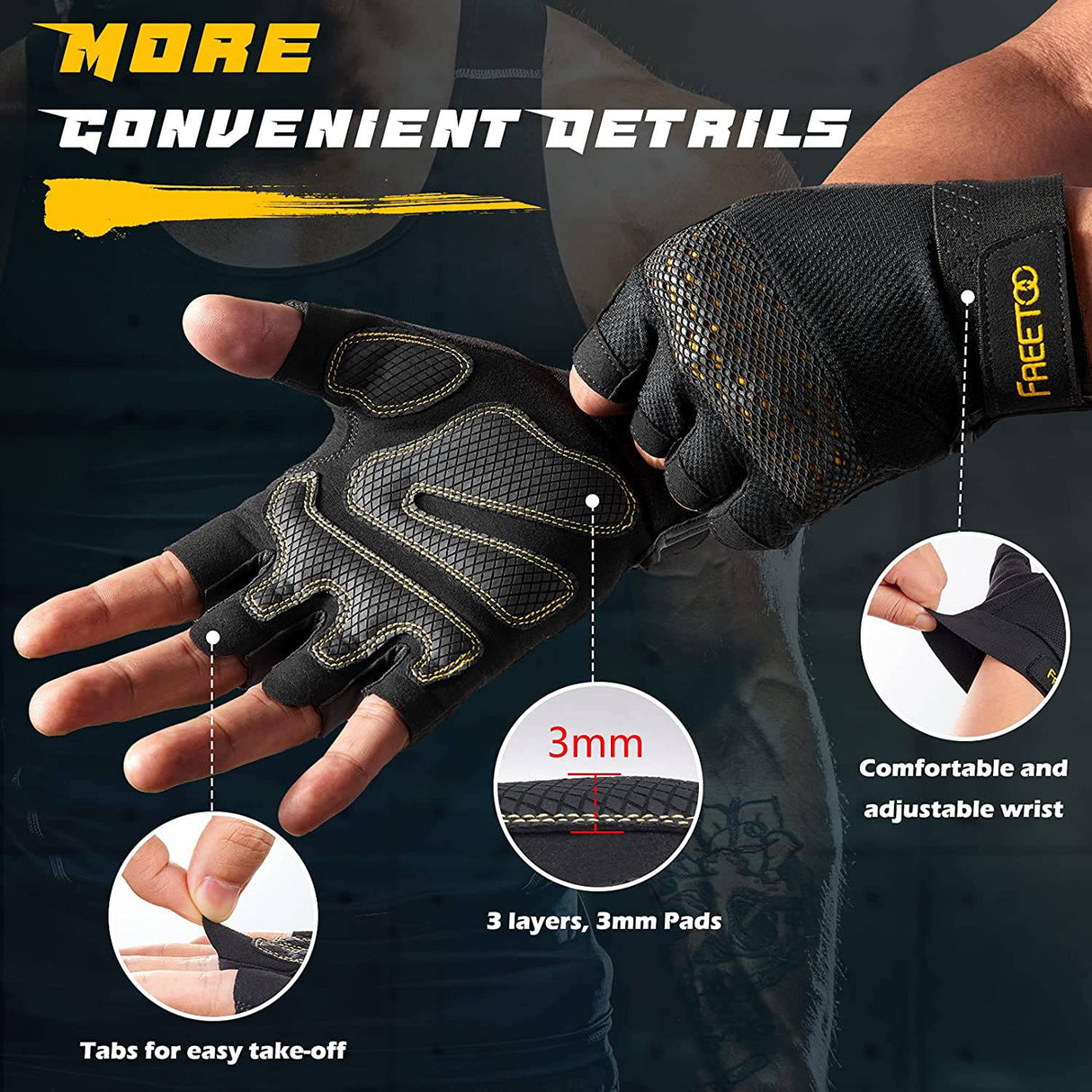 FREETOO - Guantes de entrenamiento, Protección completa de la palma, Ultra ventilados, Guantes de levantamiento de pesas con almohadillas acolchadas y guantes de gimnasio con agarre de silicona Guantes de entrenamiento duraderos para ejercicio físico