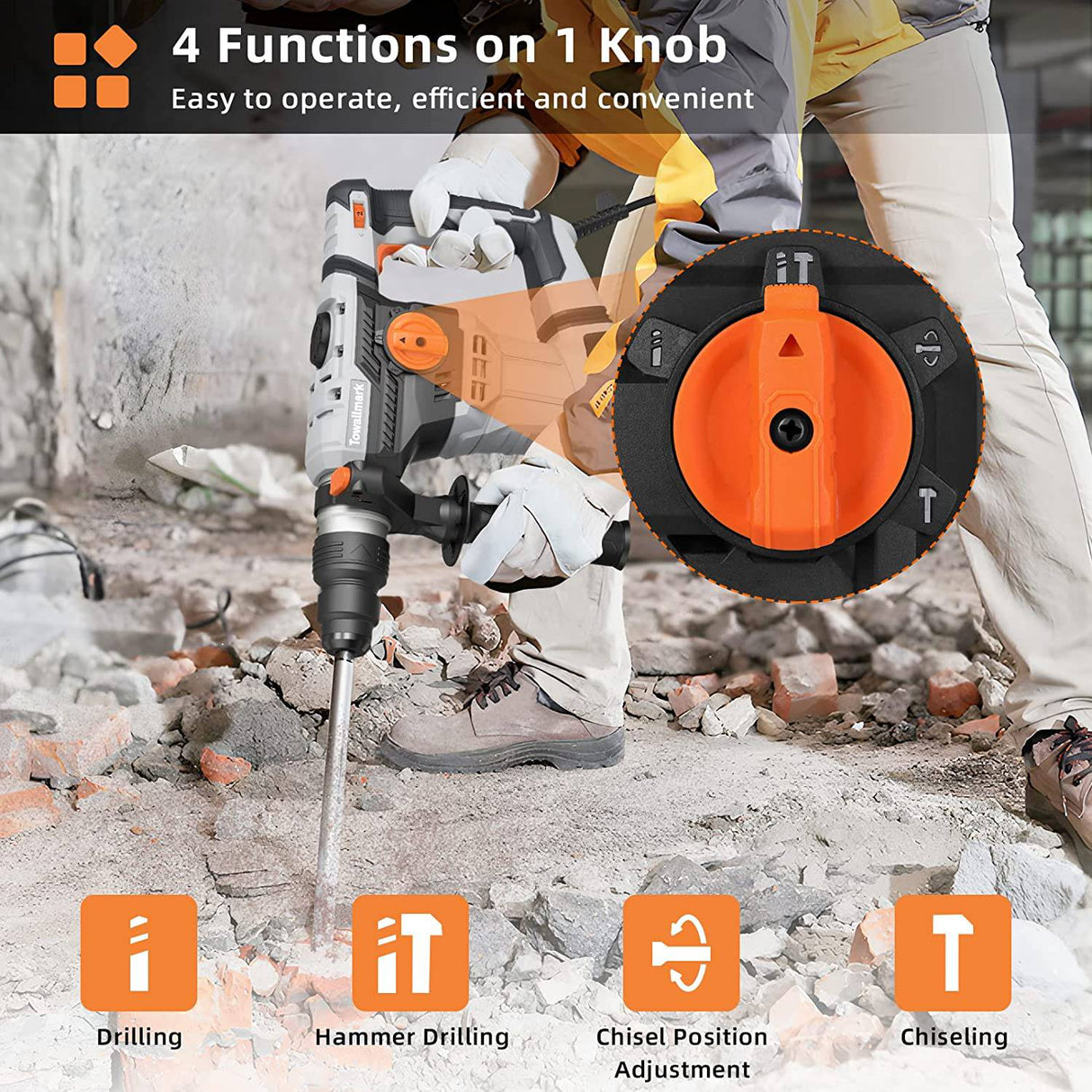 Taladro de martillo giratorio, Towallmark SDS Plus martillo taladro 9 amperios 6J antivibración, peso medio, 4 funciones en 1 perilla martillo giratorio para hormigón, ladrillos, azulejos incluyendo brocas y cinceles - DIGVICE MX
