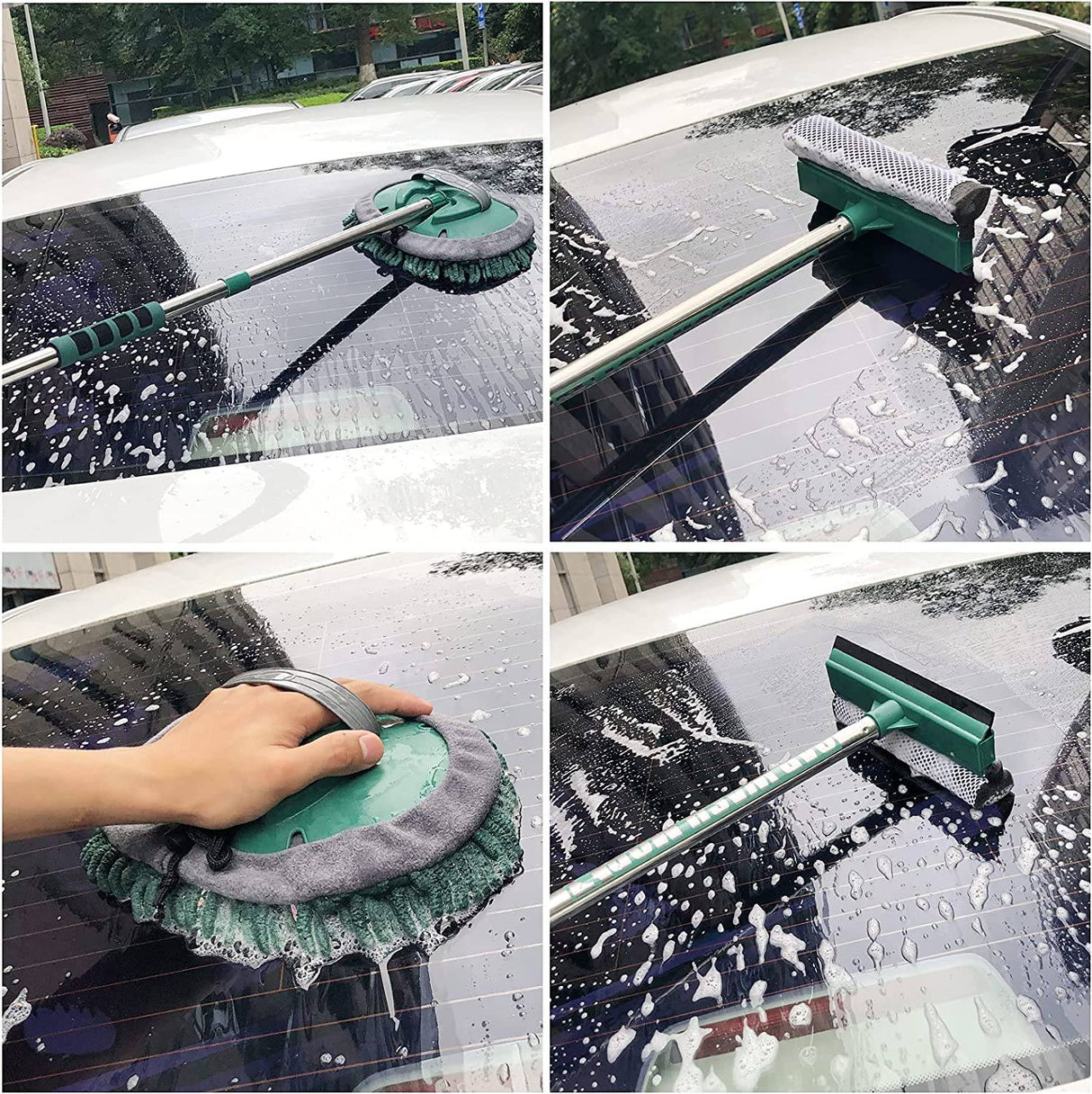 AgiiMan Cepillo de lavado de autos con mango largo - 3 en 1 Fregona de limpieza de autos, Juego de guantes de microfibra de chenilla, Longitud ajustable 24in-43in Kit de limpieza de vehículos con raspador de vidrio, Verde
