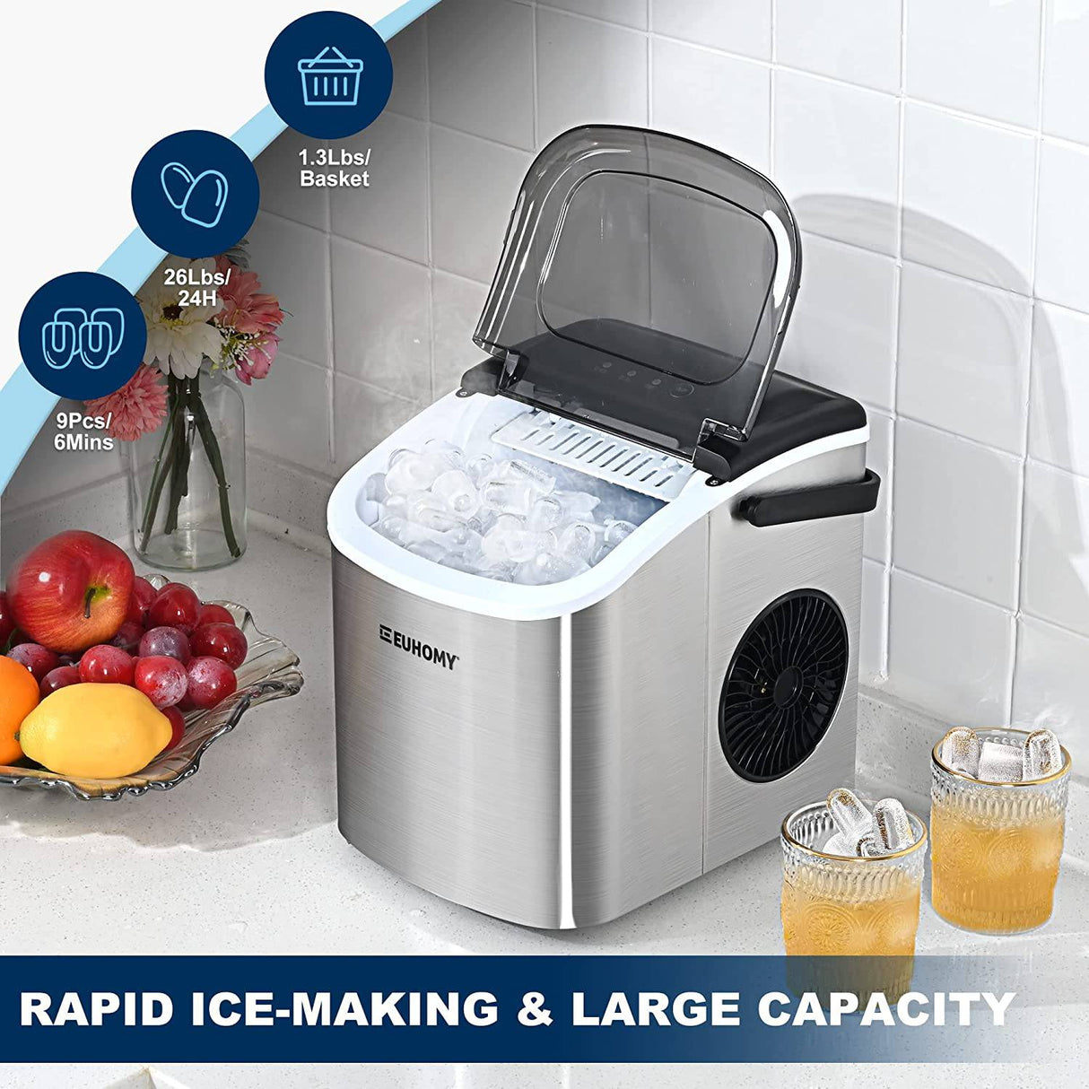 EUHOMY - Máquina para hacer hielo con asa, 26 lb/24 horas, 9 cubitos de hielo tipo bala listos en 6 minutos, limpieza automática, portátil con cesta y pala - DIGVICE MX