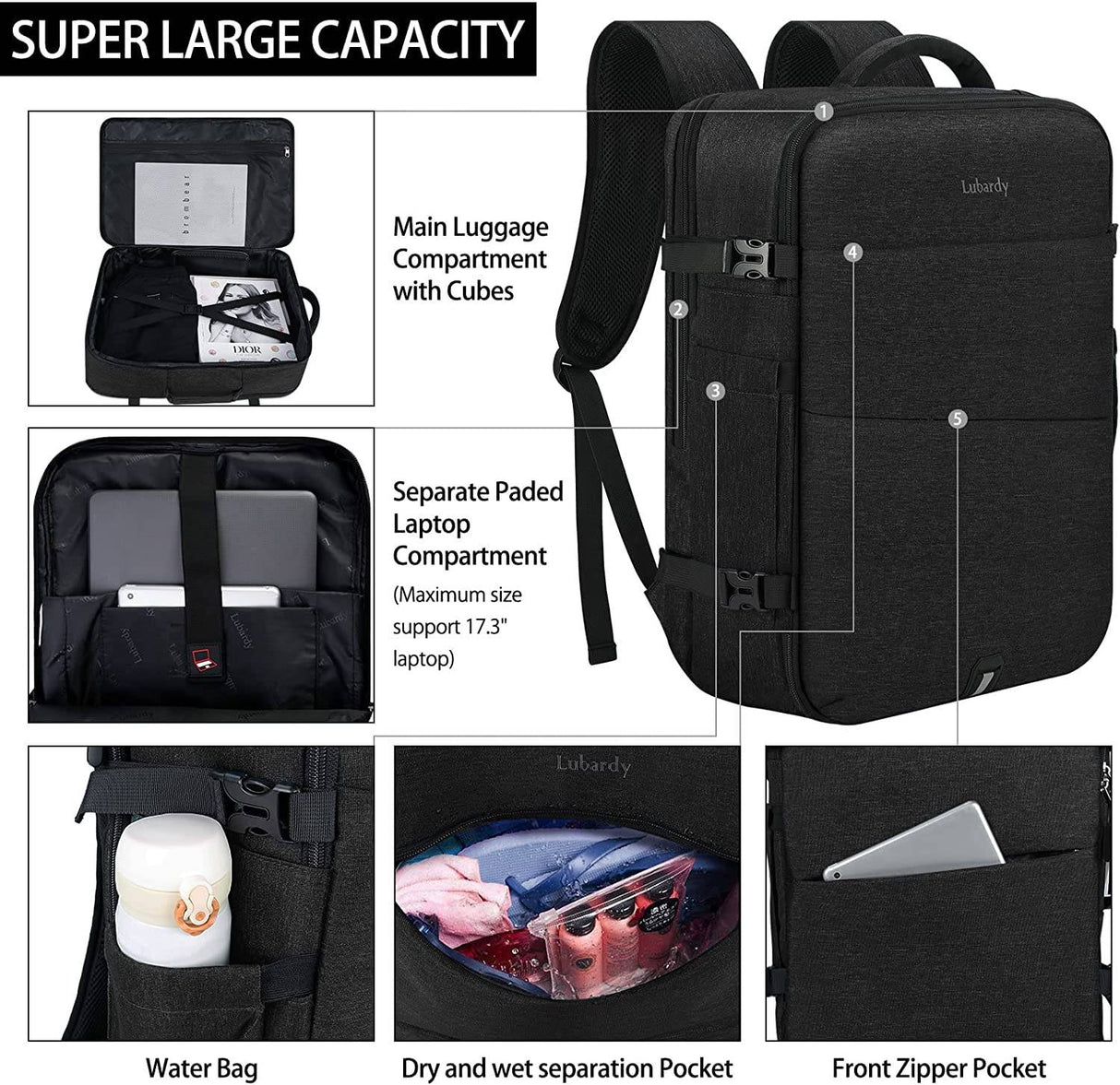 Lubardy - Mochila de viaje para hombres y mujeres Mochila de transporte aprobada para vuelo de 17 pulgadas Impermeable Grande 40L