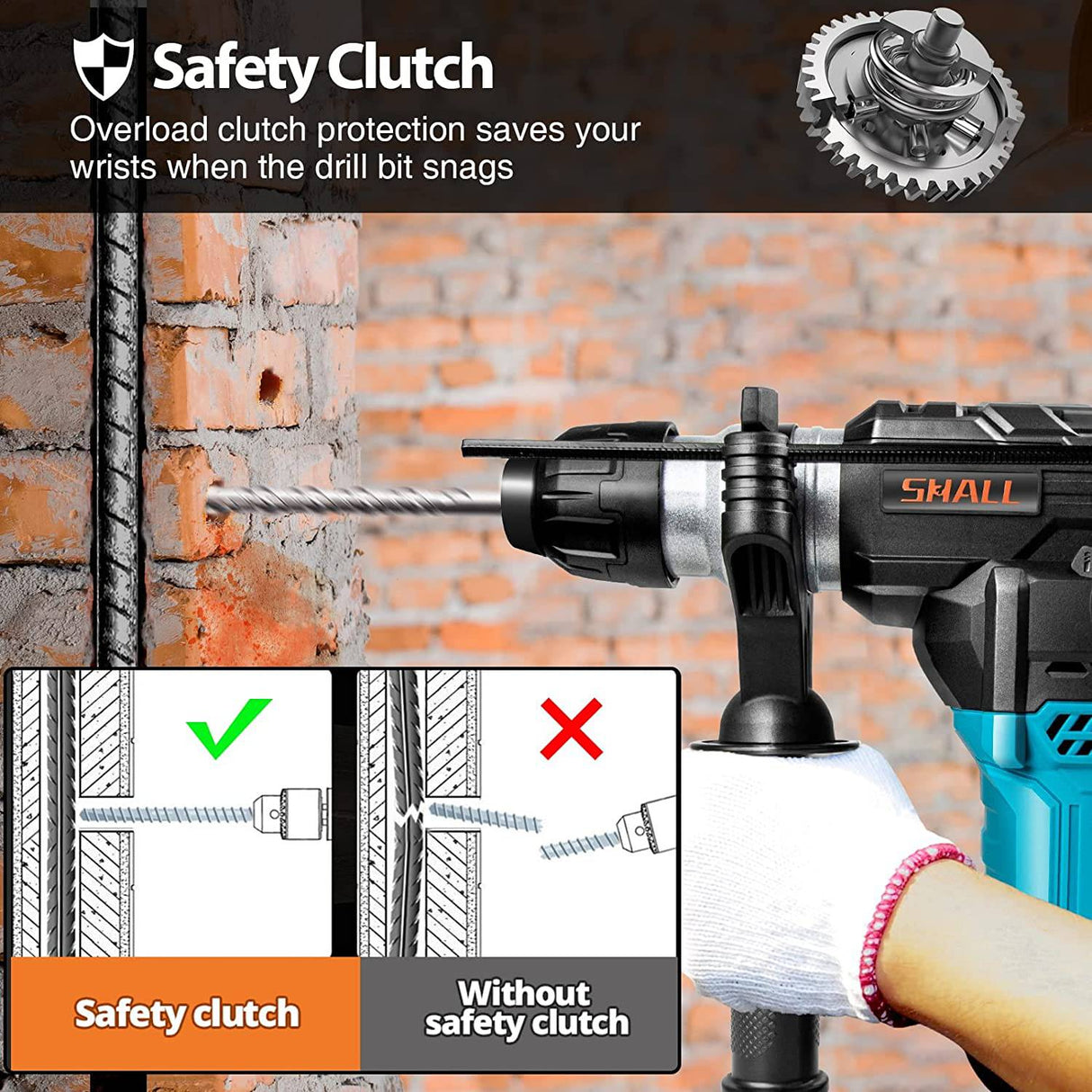 SHALL Taladro de martillo rotatorio de alta resistencia SDS-Plus de 1-1/4 pulgadas, rotomartillo de 12,5 amperios, una perilla, 4 funciones con control de vibración, cincel plano, cincel de punta y 3 brocas incluidas, 950 RPM - DIGVICE MX