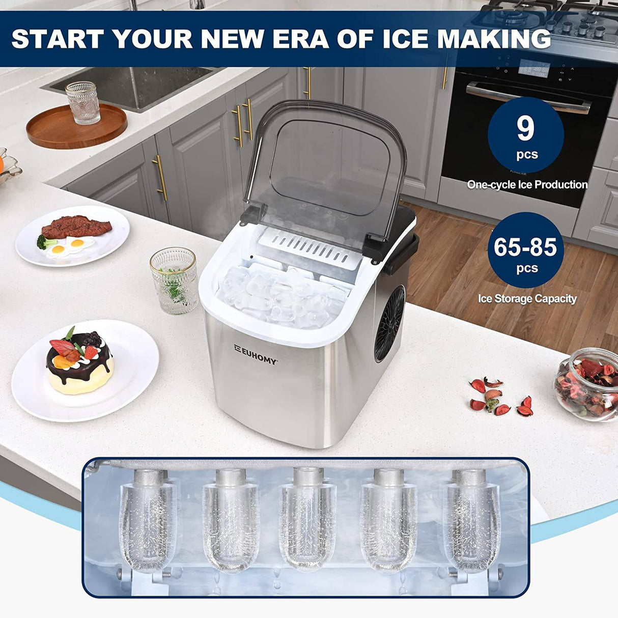 EUHOMY - Máquina para hacer hielo con asa, 26 lb/24 horas, 9 cubitos de hielo tipo bala listos en 6 minutos, limpieza automática, portátil con cesta y pala - DIGVICE MX
