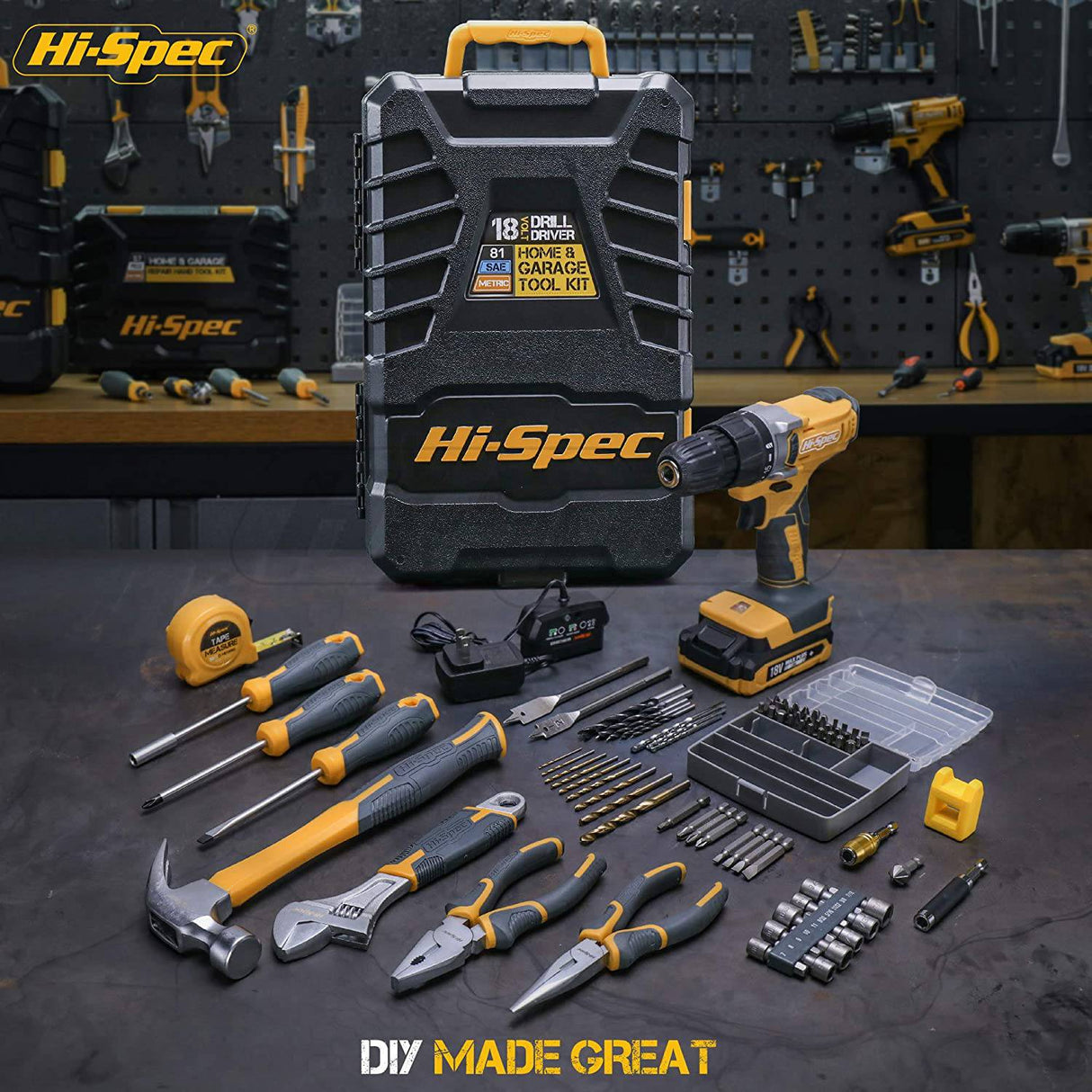 Hi-Spec, 81 piezas, amarillo, 18 V, taladro eléctrico inalámbrico, juego completo de herramientas de mano para el hogar y el garaje, para bricolaje - DIGVICE MX