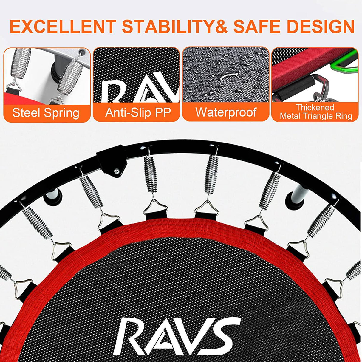 RAVS Mini Trampolín para niños Adultos 40" Plegable Fitness Rebounder Niños Trampolín con 5 Niveles Altura Ajustable Mango Bandas de Resistencia Entrenamiento Interior Ejercicio Trampolín