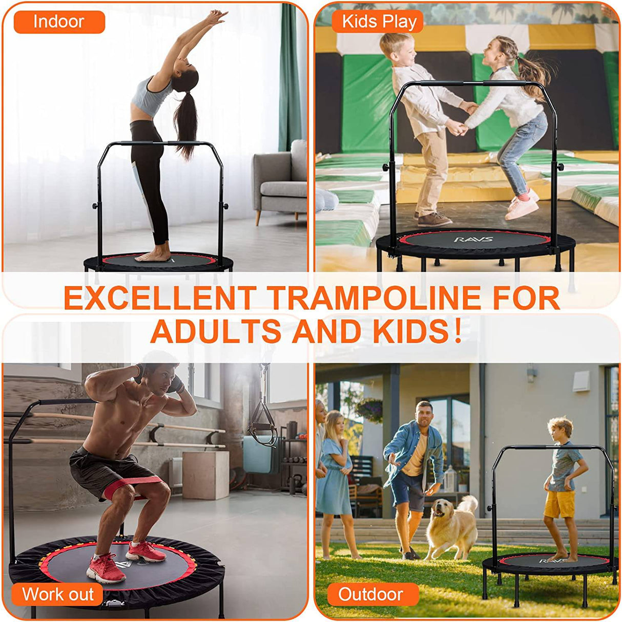 RAVS Mini Trampolín para niños Adultos 40" Plegable Fitness Rebounder Niños Trampolín con 5 Niveles Altura Ajustable Mango Bandas de Resistencia Entrenamiento Interior Ejercicio Trampolín