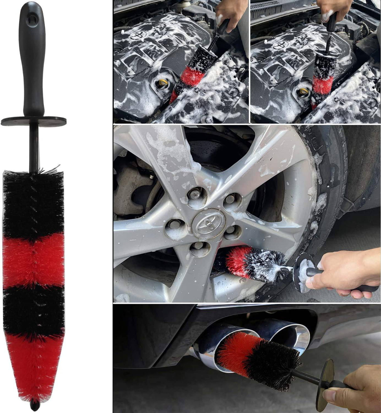 LUCKLYJONE 7 cepillos para ruedas y neumáticos, kit de detalles de coche, cepillo de rueda suave de 17 pulgadas de largo, 5 cepillos de lavado de coche, kit de lavado de coche para limpiar neumáticos sucios y liberar la suciedad, mango corto