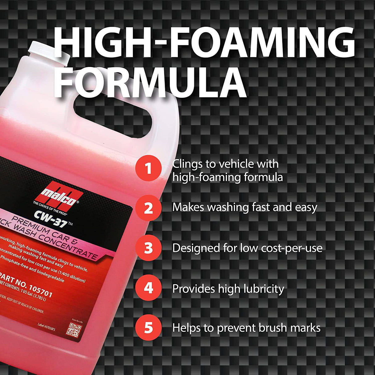 Malco CW-37 Concentrado de lavado de autos premium - Jabón de lavado de autos y camiones de alta espuma / Elimina la película de carretera, la sal, el polvo y la suciedad de su vehículo / 1 galón (105701)