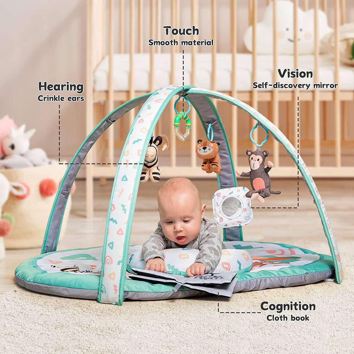 Kompoll Baby Play Gym 7 en 1 Baby Activity Gym Mat 0-12 meses con 2 fundas lavables con 6 juguetes antideslizante Playmat Baby Tummy Time Mat para exploración sensorial temprana y desarrollo de habilidades motoras (blanco) - DIGVICE MX