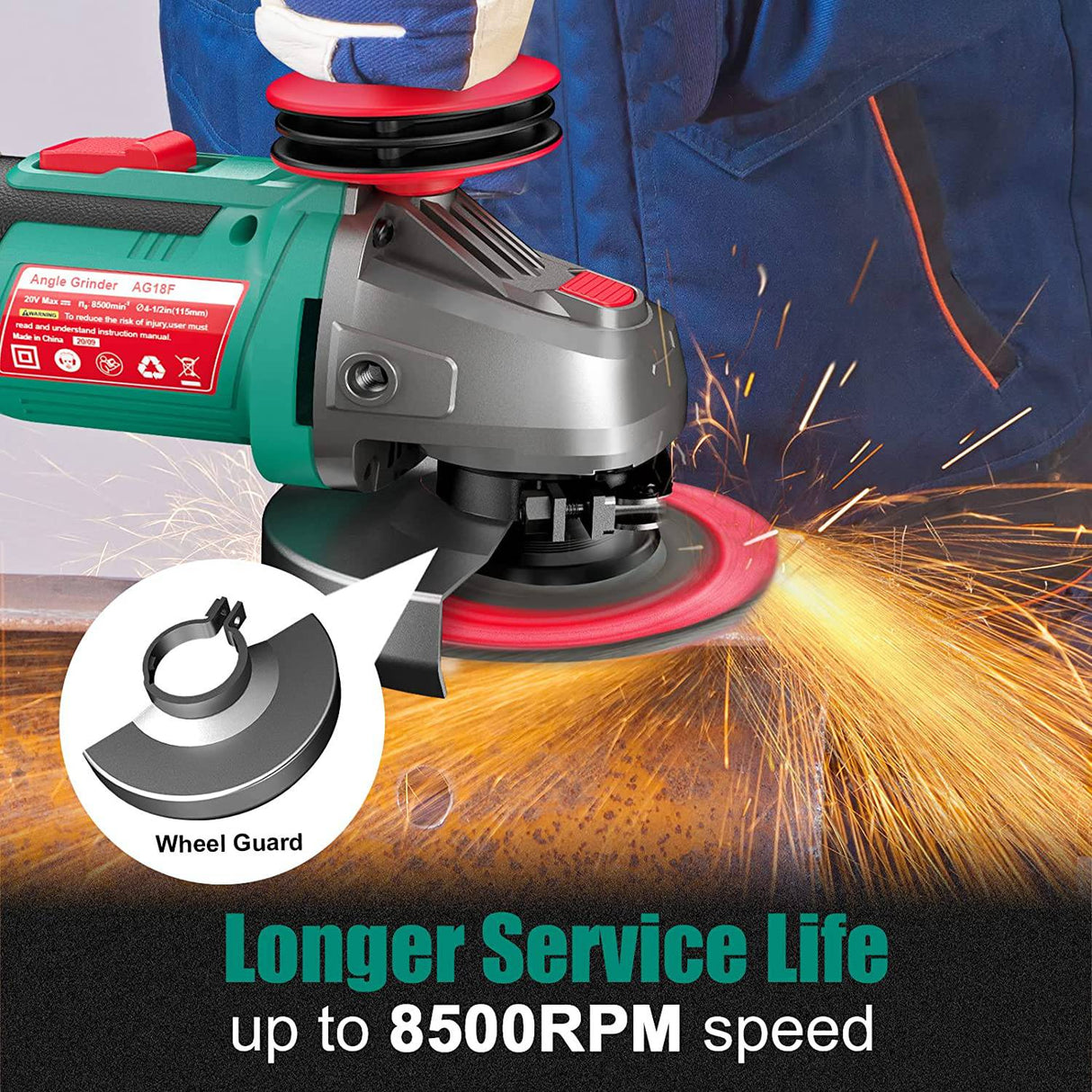 Amoladora angular de 20 V HYCHIKA, amoladora inalámbrica con batería de 4,0 Ah y cargador rápido, 8500 RPM, 5 discos de 4-1/2 pulgadas, mango auxiliar de 3 posiciones para cortar y amolar - DIGVICE MX