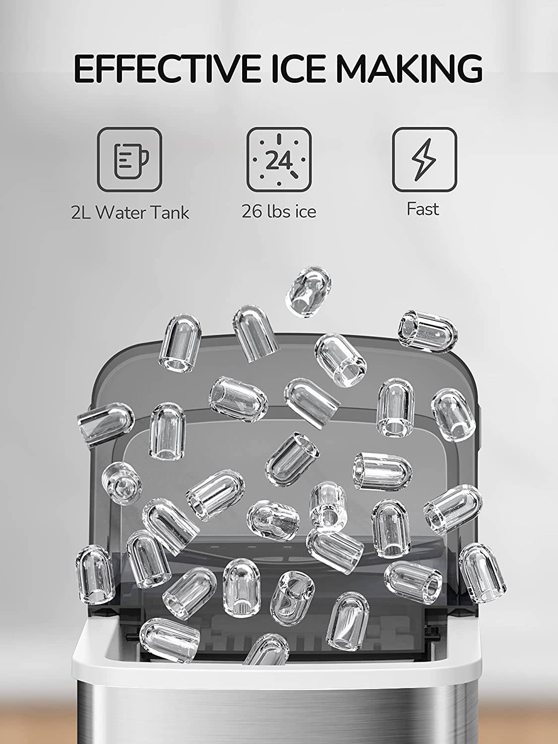 WIZISA - Máquina para hacer hielo para encimera, 9 cubitos de hielo de bala listos en 6 minutos, 26 libras en 24 horas, máquina portátil para hacer hielo autolimpiante, 2 tamaños de hielo en forma de bala para el hogar, cocina, oficina, bar, fiesta - DIGVICE MX