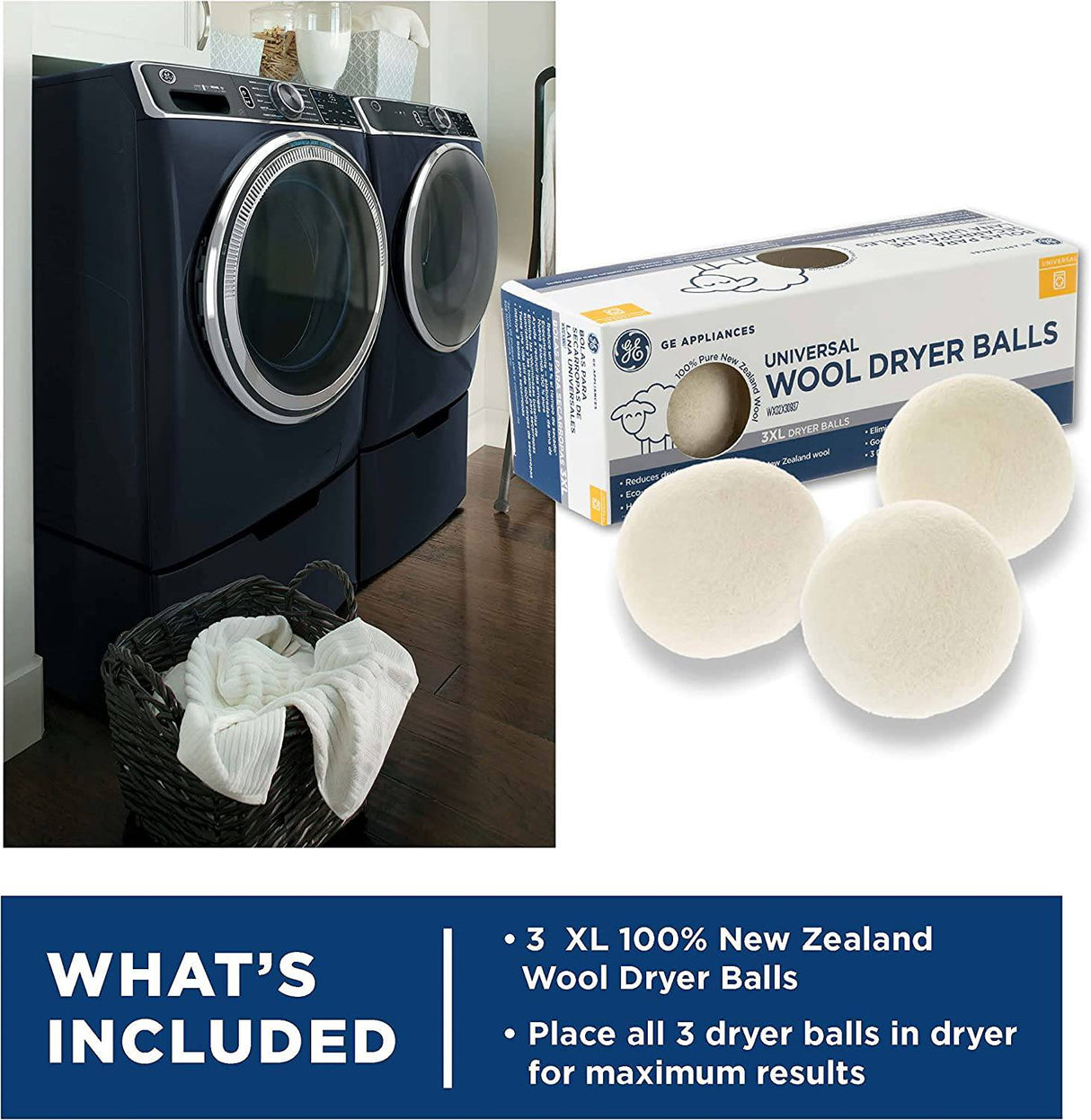GE Bolas de secadora de lana, suavizante de tela natural reutilizable XL hecho de 100% pura lana de Nueva Zelanda, paquete de 3 - DIGVICE MX