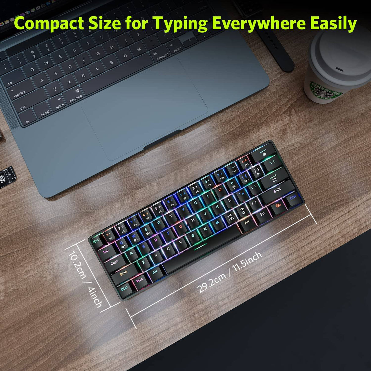 Fiodio 61 teclas RGB inalámbrico y teclado mecánico para juegos con cable con interruptores azules, sonido de clic audible Arco iris portátil compacto mini teclado de oficina para juegos de PC con Windows, (F-SG61)