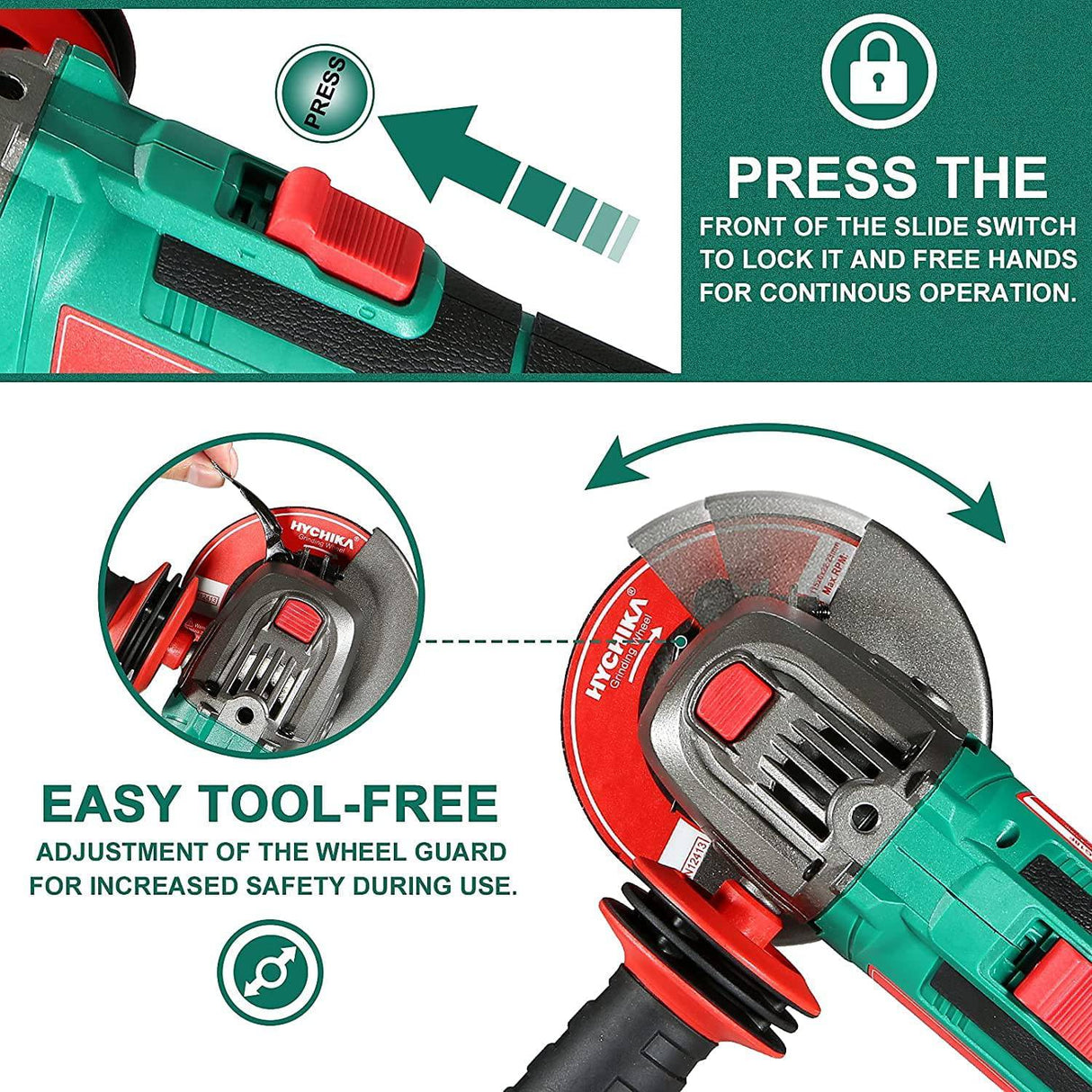 Amoladora angular de 20 V HYCHIKA, amoladora inalámbrica con batería de 4,0 Ah y cargador rápido, 8500 RPM, 5 discos de 4-1/2 pulgadas, mango auxiliar de 3 posiciones para cortar y amolar - DIGVICE MX