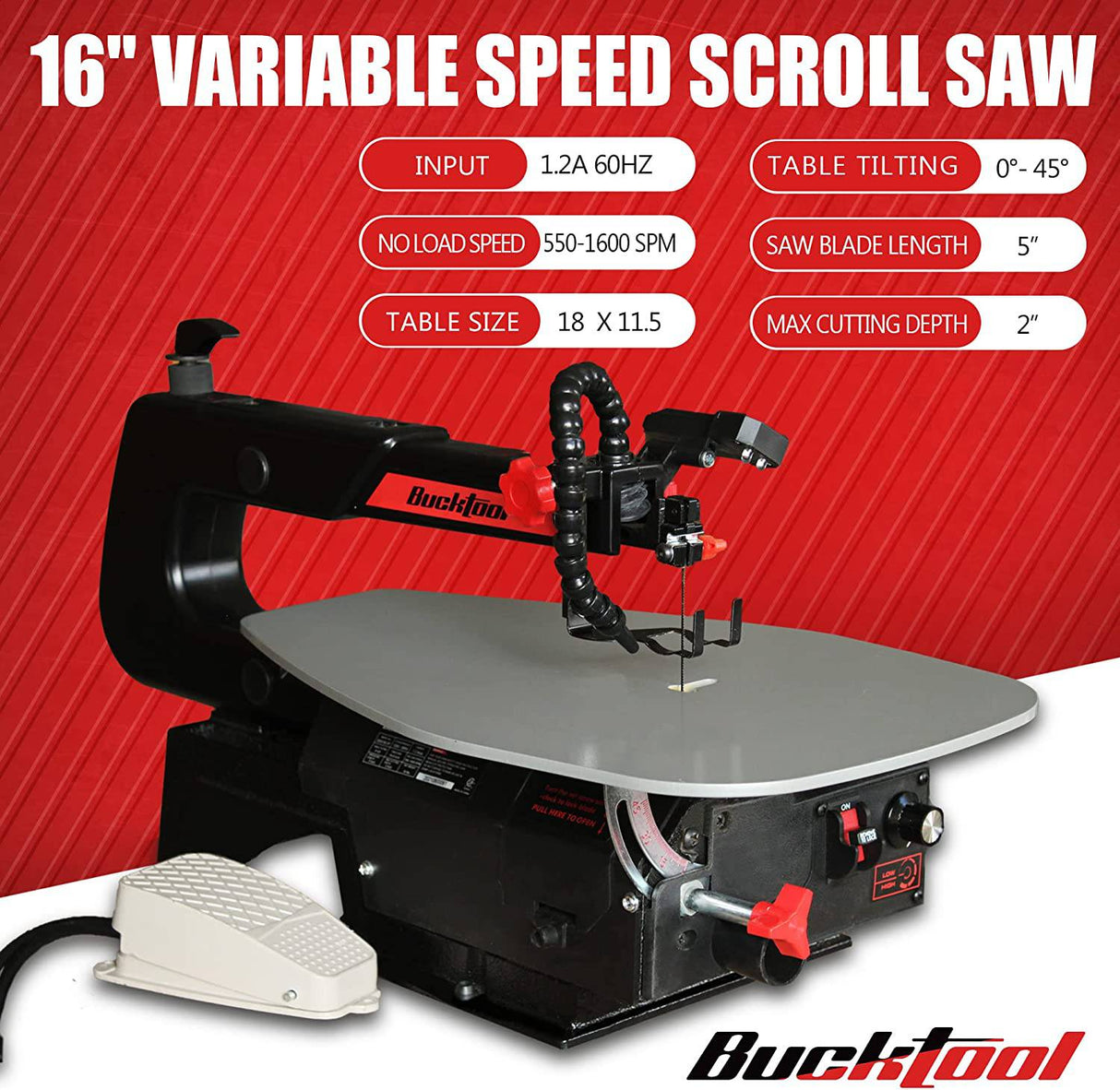 Sierra de calar de velocidad Variable de 16 pulgadas con cambio rápido de hoja BUCKTOOL con interruptor de Pedal para mesa de trabajo de acero para carpintería - DIGVICE MX