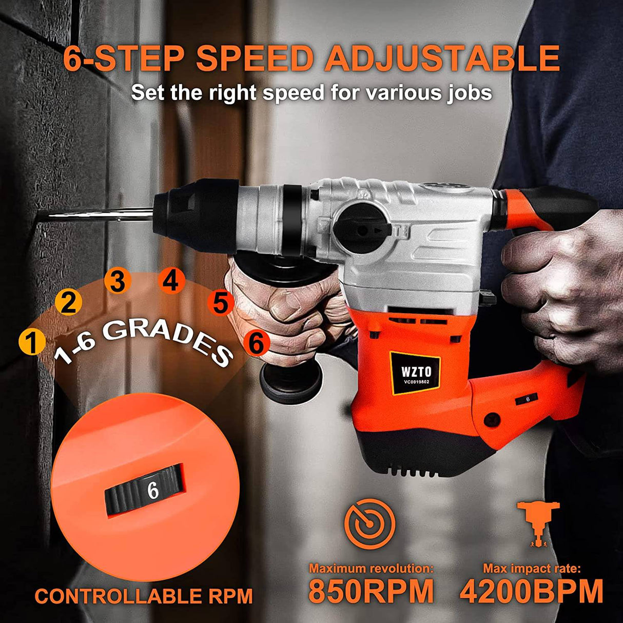 Taladro percutor giratorio de 1-1/4 pulgadas: WZTO SDS-Plus Taladro percutor de servicio pesado, embrague de seguridad 3 funciones con control de vibración, incluidos guantes, 3 brocas, cincel plano y puntiagudo y brocas con estuche - DIGVICE MX