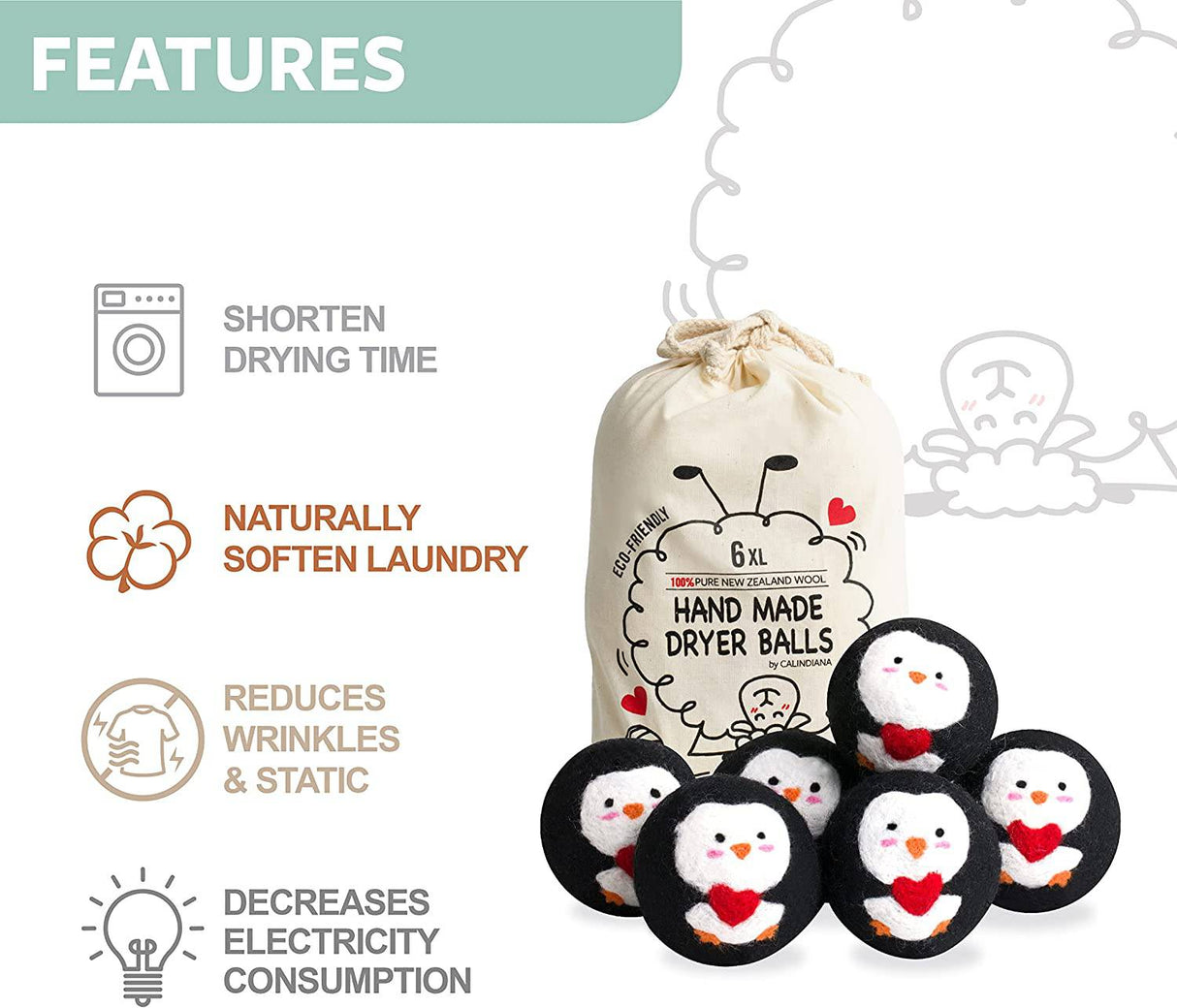 Calindiana - Bolas para secadora de lana de Nueva Zelanda 100% orgánicas de primera calidad, suavizante de tela reutilizable para la colada, bonita alternativa a las hojas de secadora, antiestático, tamaño XL, paquete de 6, pingüino negro - DIGVICE MX