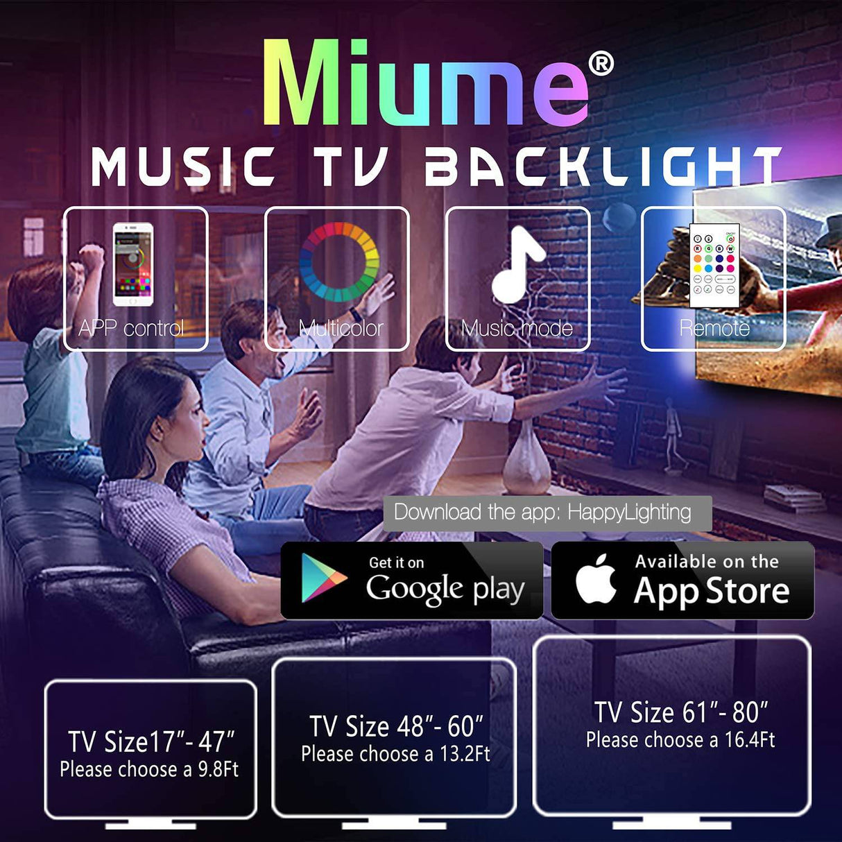 Miume Retroiluminación Led Music tv con tira de luces LED de 16,4 pies para TV de 61-80 pulgadas, retroiluminación Led de TV alimentada por USB RGB con aplicación y Control remoto - DIGVICE MX