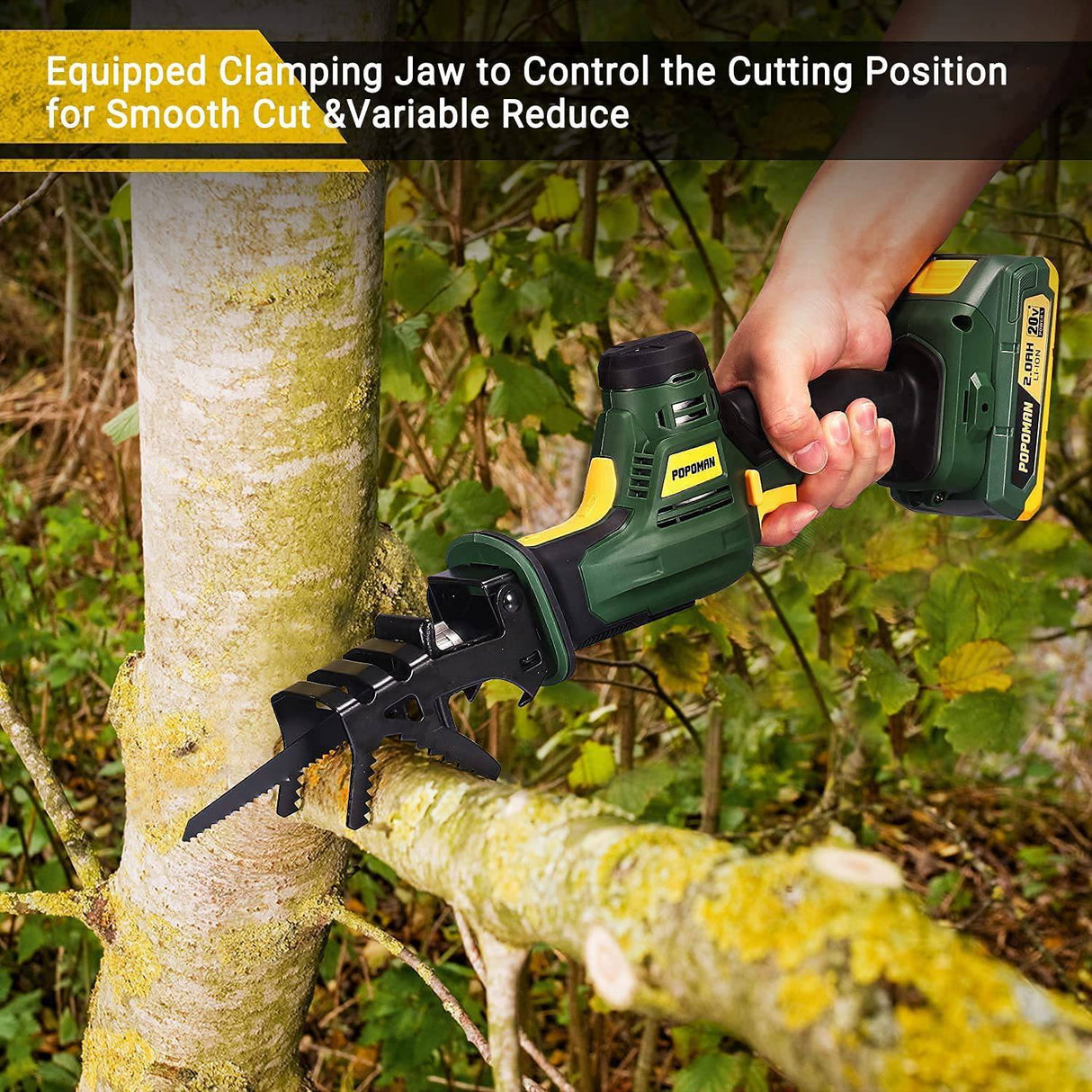 POPOMAN PMRS01D Sierra de sable inalámbrica de 20 V con mordaza de sujeción, velocidad variable de 0 a 2800 SPM, con batería de 2,0 Ah y cargador rápido de 1 H, longitud de carrera de 4/5" (20 mm), 3 cuchillas para corte de metal y madera - DIGVICE MX