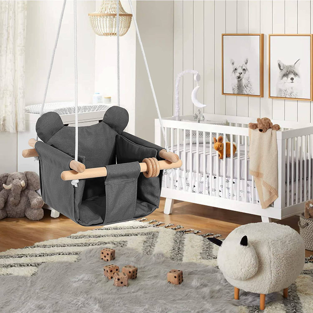 Milan Secure - Silla colgante de lona y madera para bebé, para interior y exterior, hamaca para patio trasero, columpio exterior, juguetes para niños, columpios de 6 a 36 meses con cojín decorativo para los oídos y anillo de madera natural, gris - DIGVICE MX